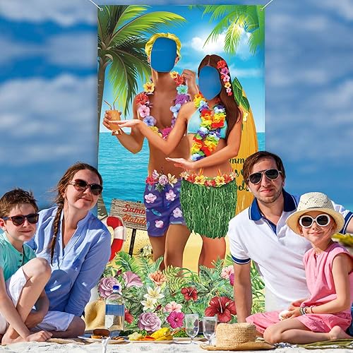 Miniatura 4 de Blulu Pancarta hawaiana de accesorios de fotos tropicales Luau Tiki para puerta de fotos de pareja Aloha Tiki para fiesta, Luau, fondo de cabina de