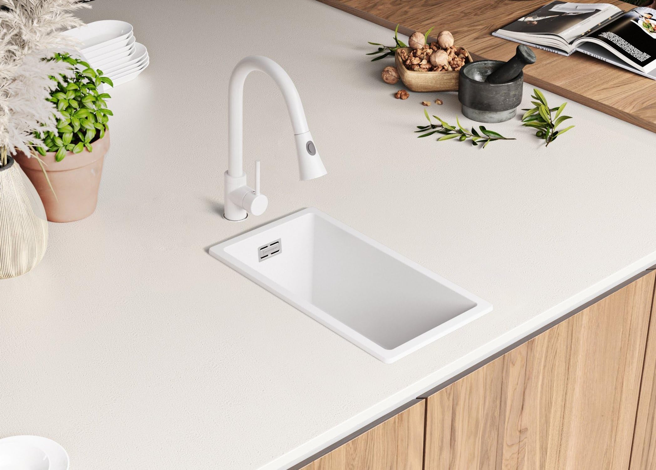 PRIMAGRAN Evier Cuisine en Granit Tout Blanc - London, 26x47cm | Lavabo 1 Bac + Kit de Vidage, Évier à Encastrer au Meuble 30cm (S007)