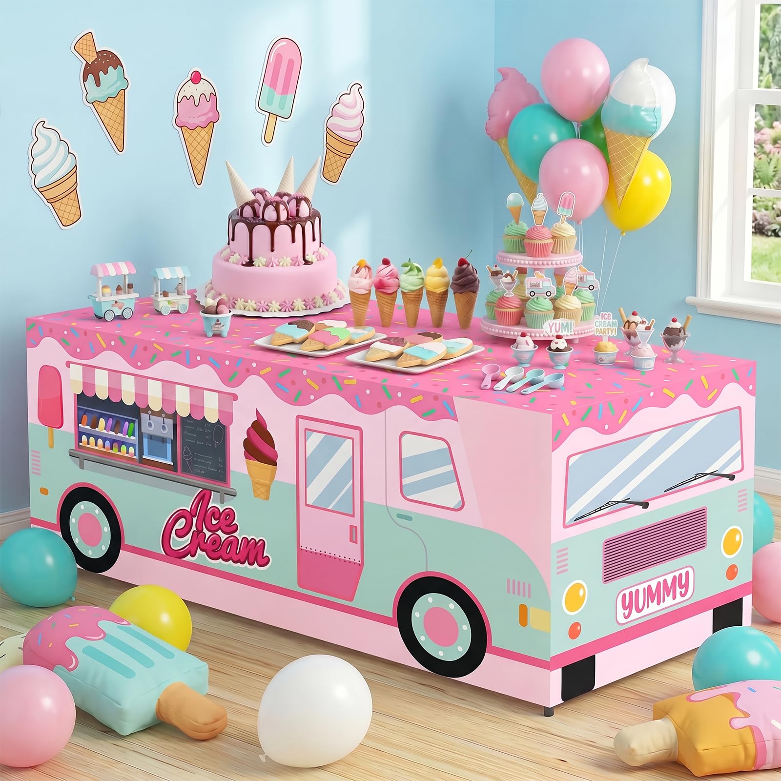 6 Ft Ice Cream Tablecloth Decorations Ice Cream Dining Table Cloth Washable Fabric Polyester Rectangle Table Cover Protector for Birthday Baby Shower Sweet One Donut Theme Dinner Decor Party Favor