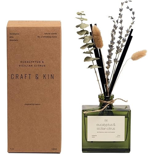 Craft & Kin Reed Diffuser with Dried Flowers | 5 oz Sicilian Citrus & Eucalyptus Scented Fall Reed Diffusers for Home, Bathroom | Scent Sticks | Elegant Fragrance Home Decor for Men & Women