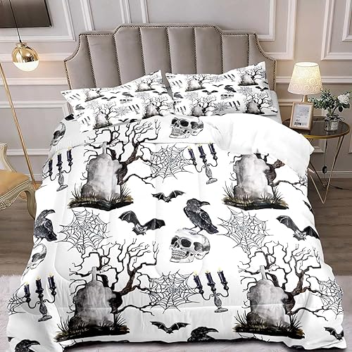 LUVIVIHOME Juego de edredón de 3 piezas de calavera, tamaño King, negro, cuervo, murciélago, telaraña, esqueleto, gótico, calavera, blanco,