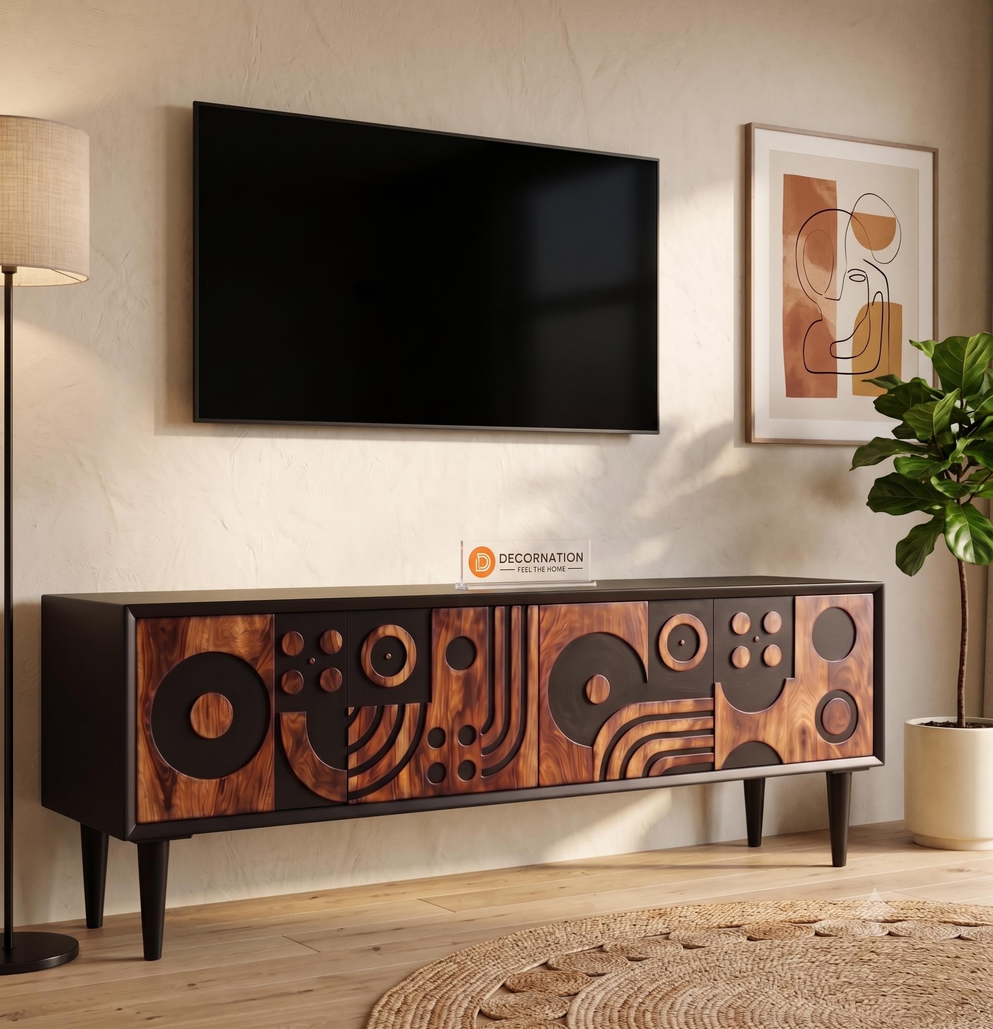 DecorNation Akiwa 62 Inch TV Unit, Sheesham Wood, Black | Carved Door TV Console Cabinet, Storage, Engineered Wood Entertainment Unit, For Living Room-image-36