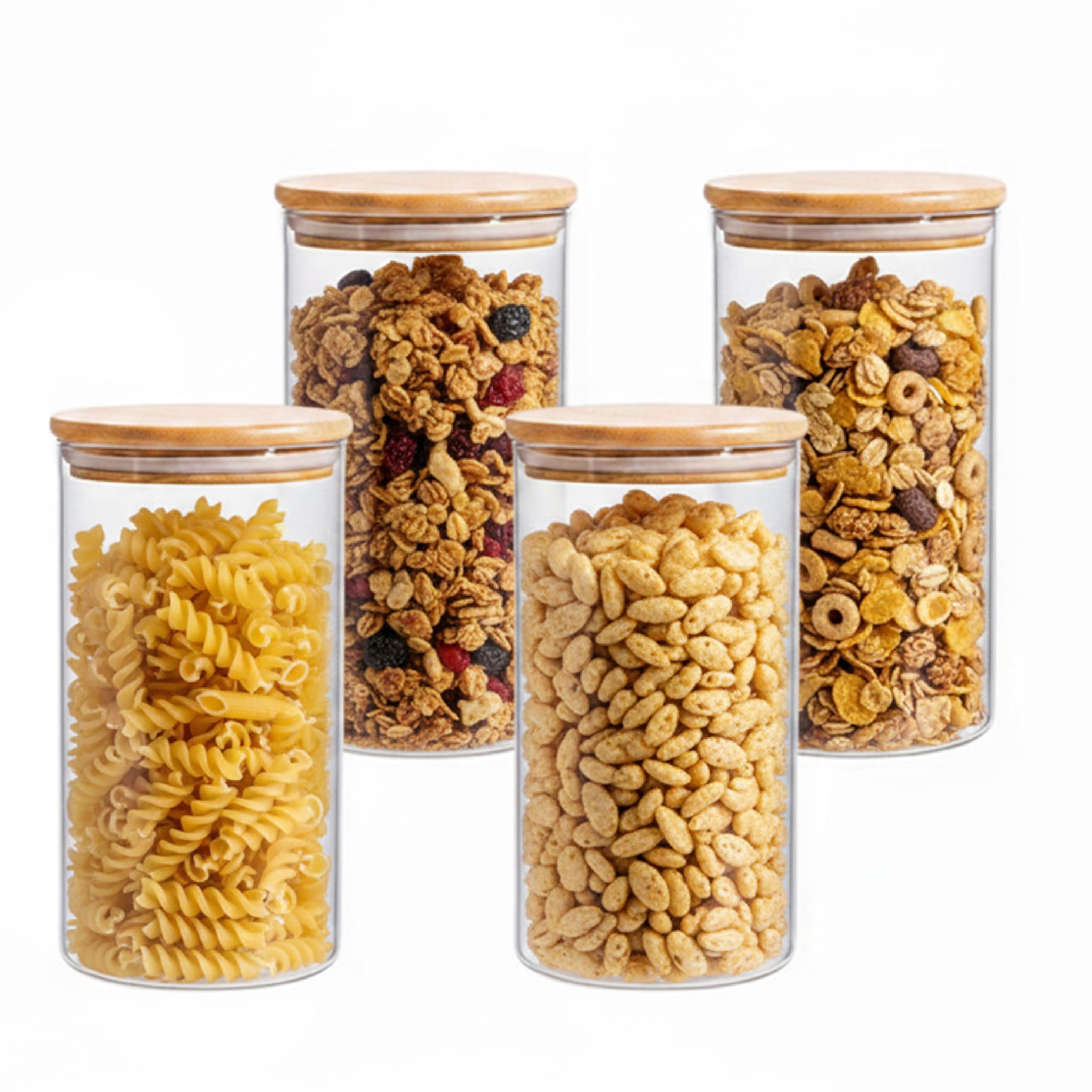 Baroni Home Set 4 Barattoli in Vetro Borosilicato con Tappo in Bamboo, 1.2 L Contenitori Alimentari Ermetici Lavabili in Lavastoviglie, Design Minimal, 20 cm