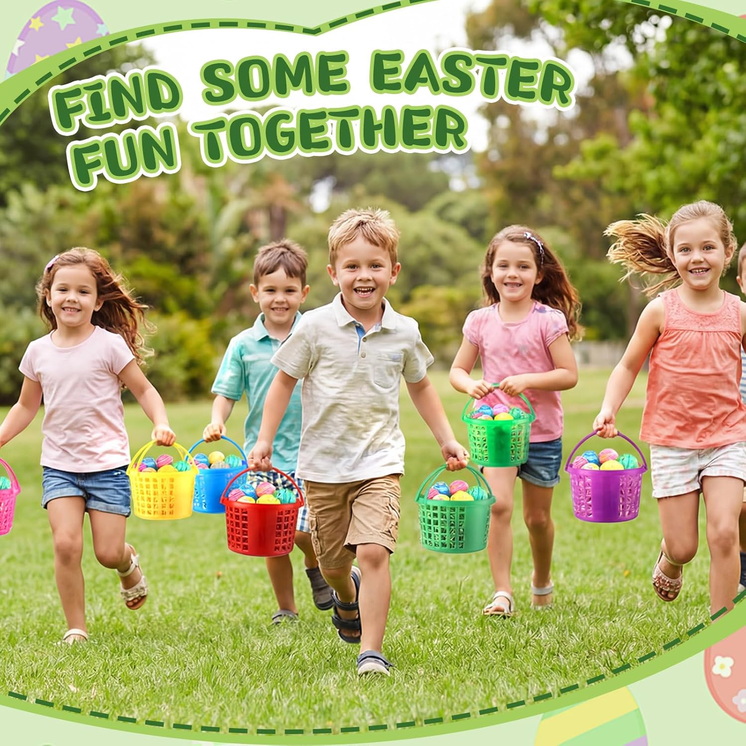 Wenqik 30 Pcs Plastic Easter Baskets for Kids Bulk Easter Egg Baskets Empty Plastic Buckets for Kids with Handle Grass Stuffers Fillers for Party Favor egg Hunt Gift (Cute)
