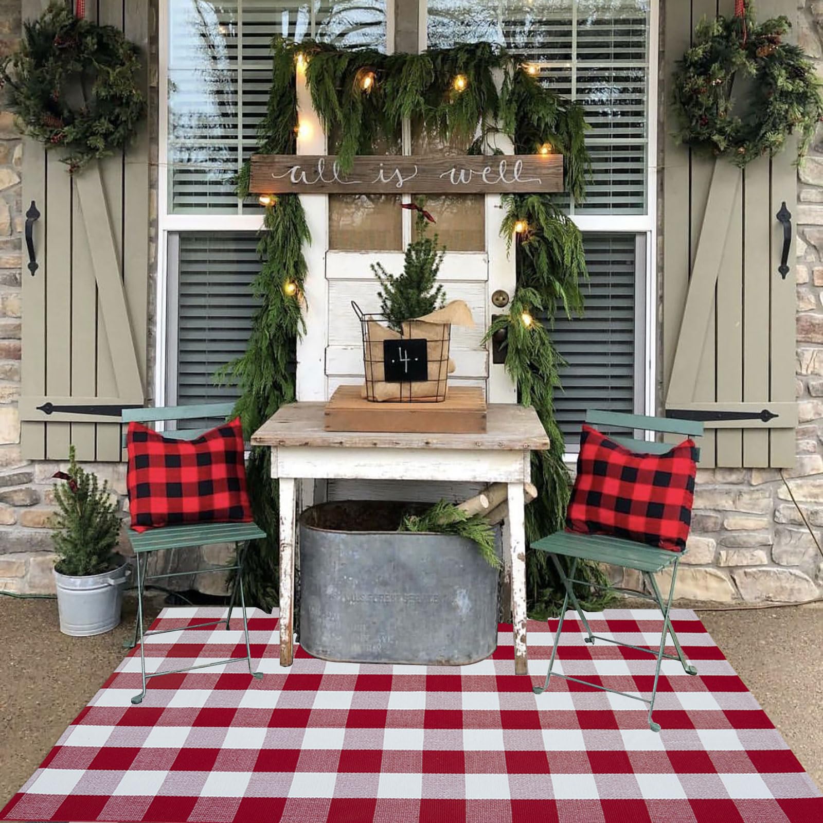 Tapis d'extérieur à carreaux de Noël en coton lavable grand format pour entrée