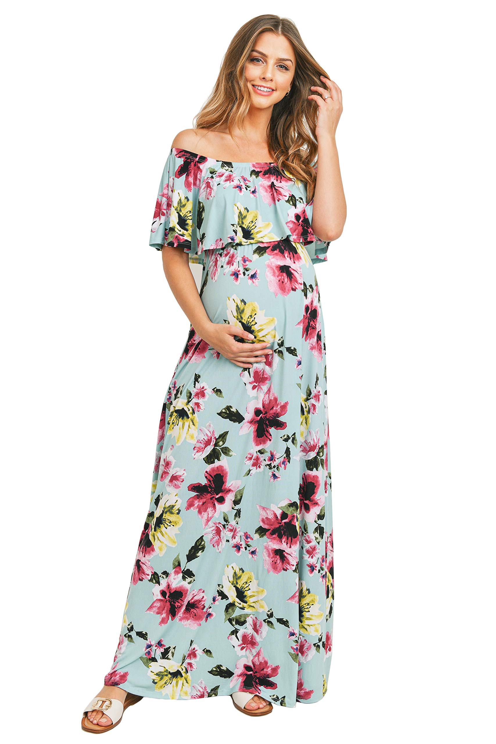 Maternity Dress Off Shoulder Maxi Pregnant Women Baby Shower Photoshoot Mint Burgundy Flower Small