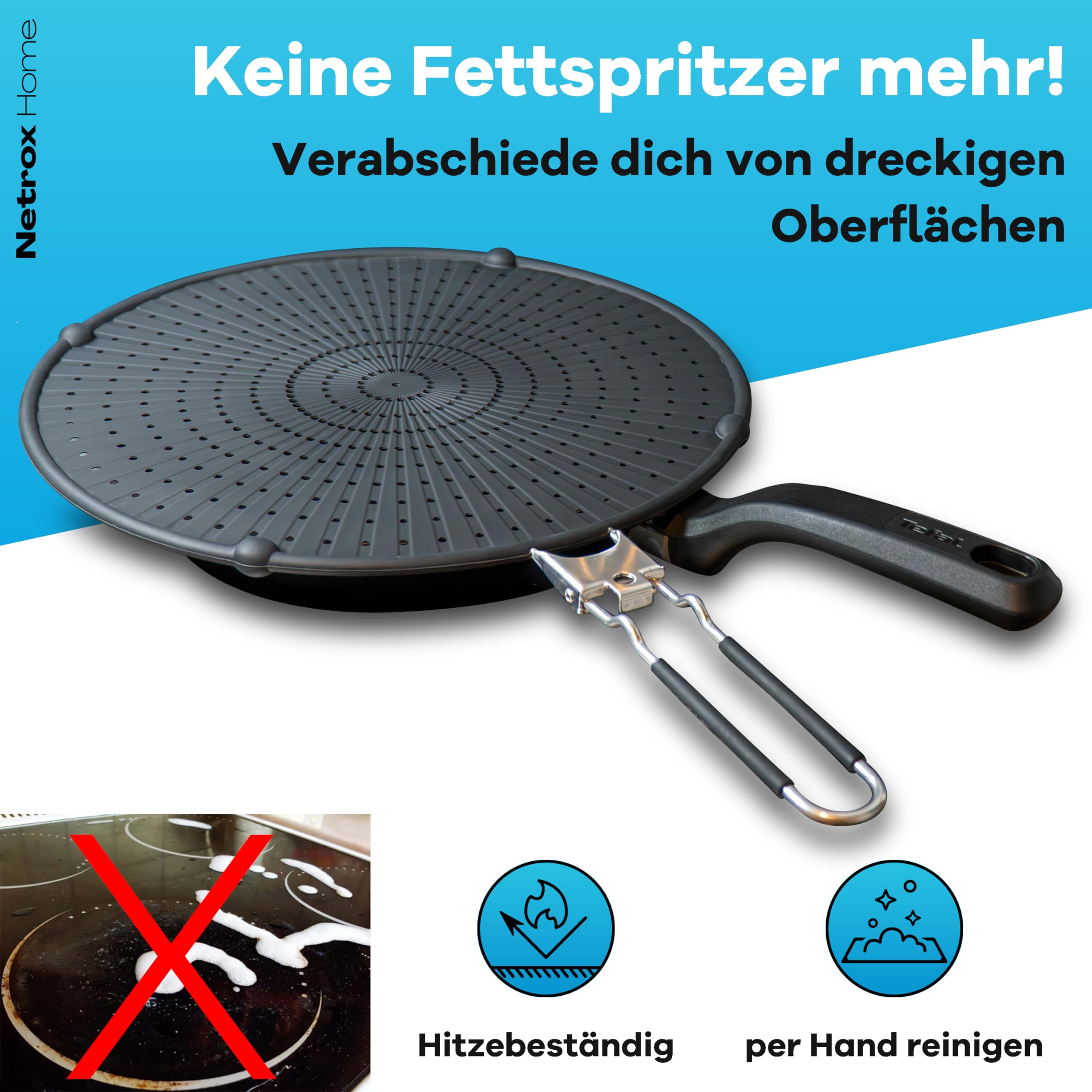 NetroxHome - Spritzschutz Pfannen faltbar aus Silikon - hitzebeständig, lebensmittelfreundlich, spülmaschinenfest - für Pfanne bis 30cm - Spritzschutzsieb, Spritzschutzdeckel zum Braten, Splash Guard