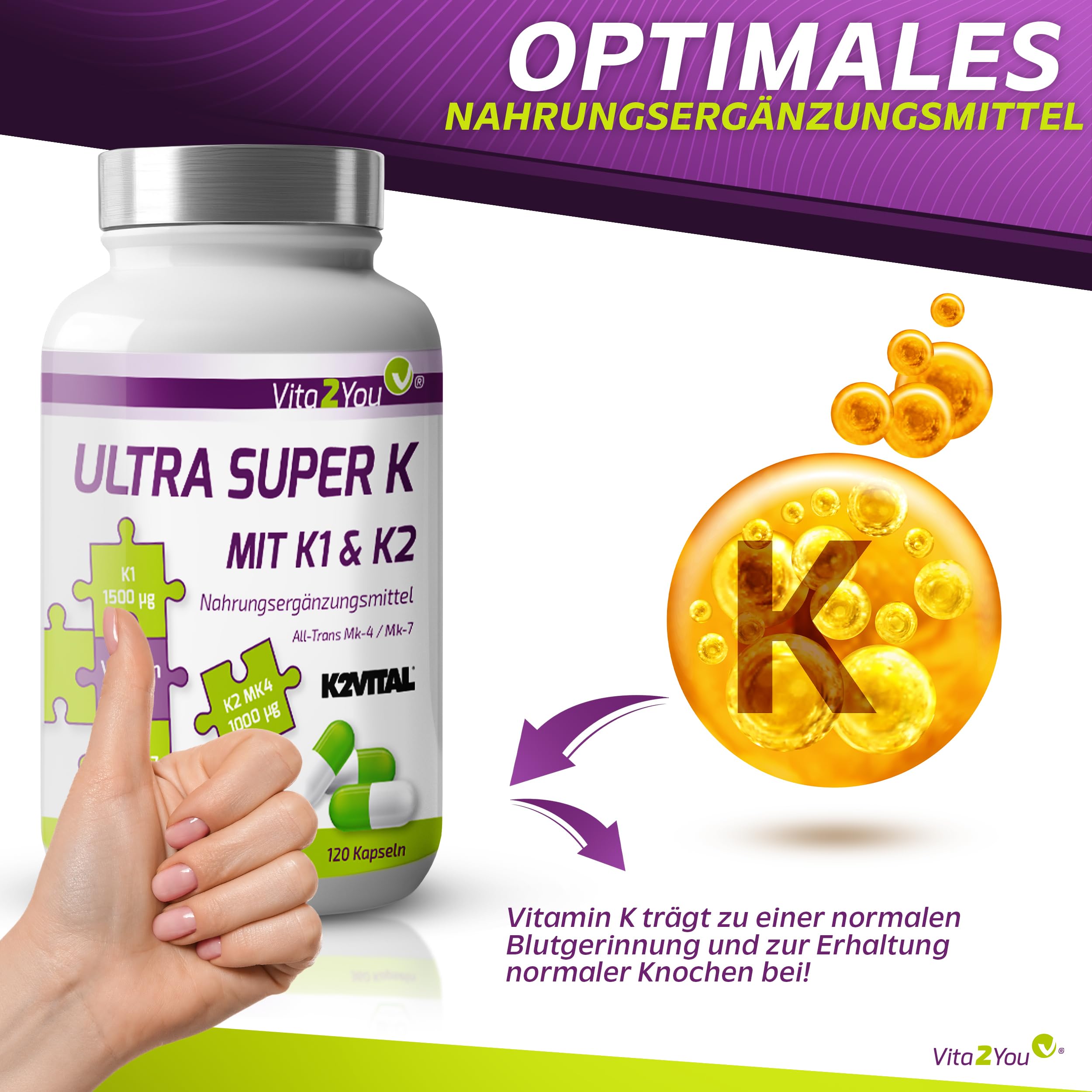 Vita2You Ultra Super K - 3 Vitamin K Formen - 120 Kapseln - Vitamin K2 und K1 - MK4 & MK7 - K2VITAL - Hochdosiert - Premium Qualität
