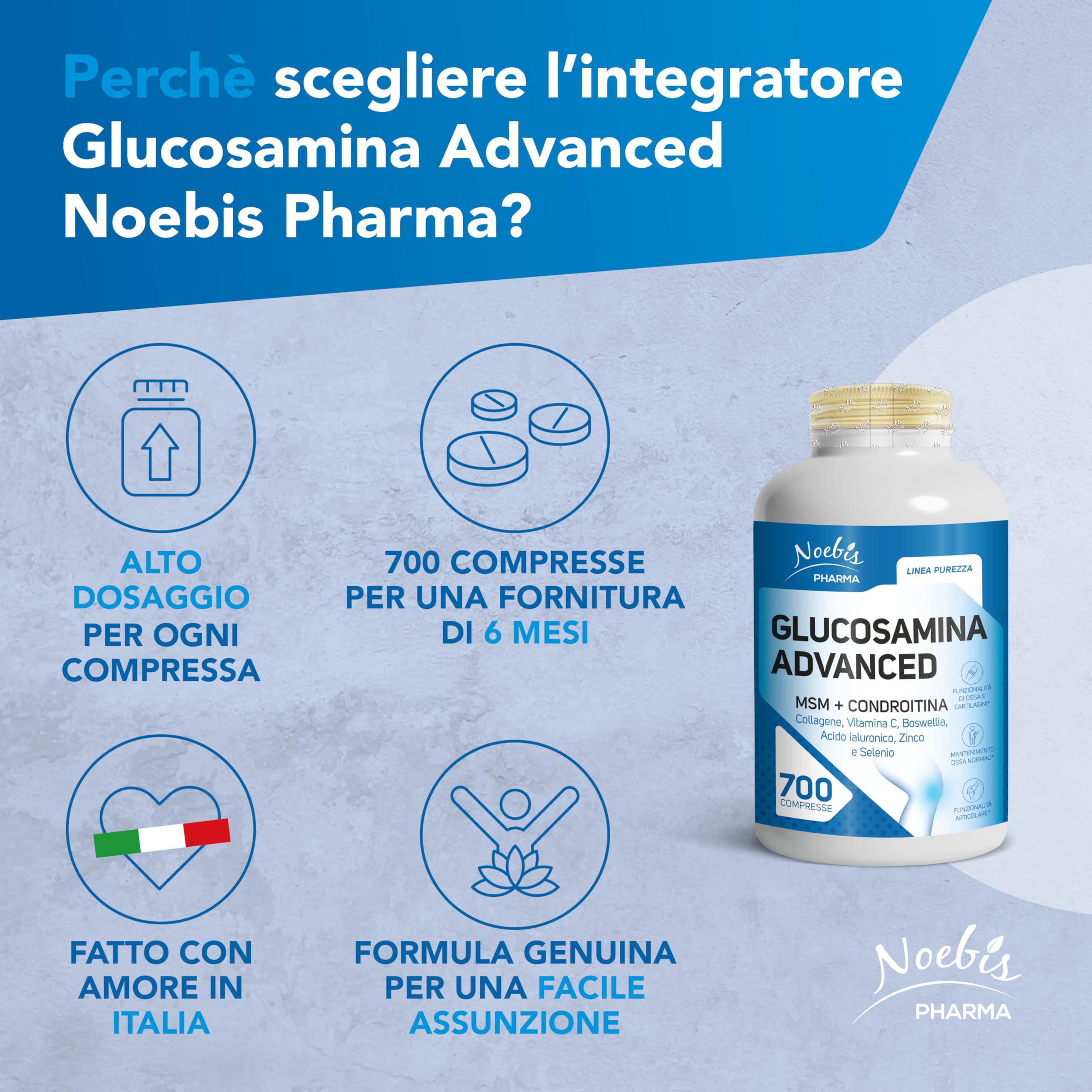 Glucosamina Advanced Noebis Pharma - Glucosamina, MSM, Condroitina, Collagene, Acido Ialuronico e Boswellia - 700 Compresse - Benessere Articolare