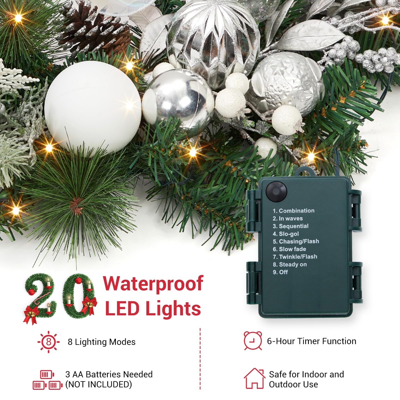 Couronne de Noël pré-éclairée pour Porte d'entrée, 61 cm, Couronne de Noël Lumineuse avec 20 lumières LED à Piles, décoration de Vacances pour Mur extérieur, cheminée