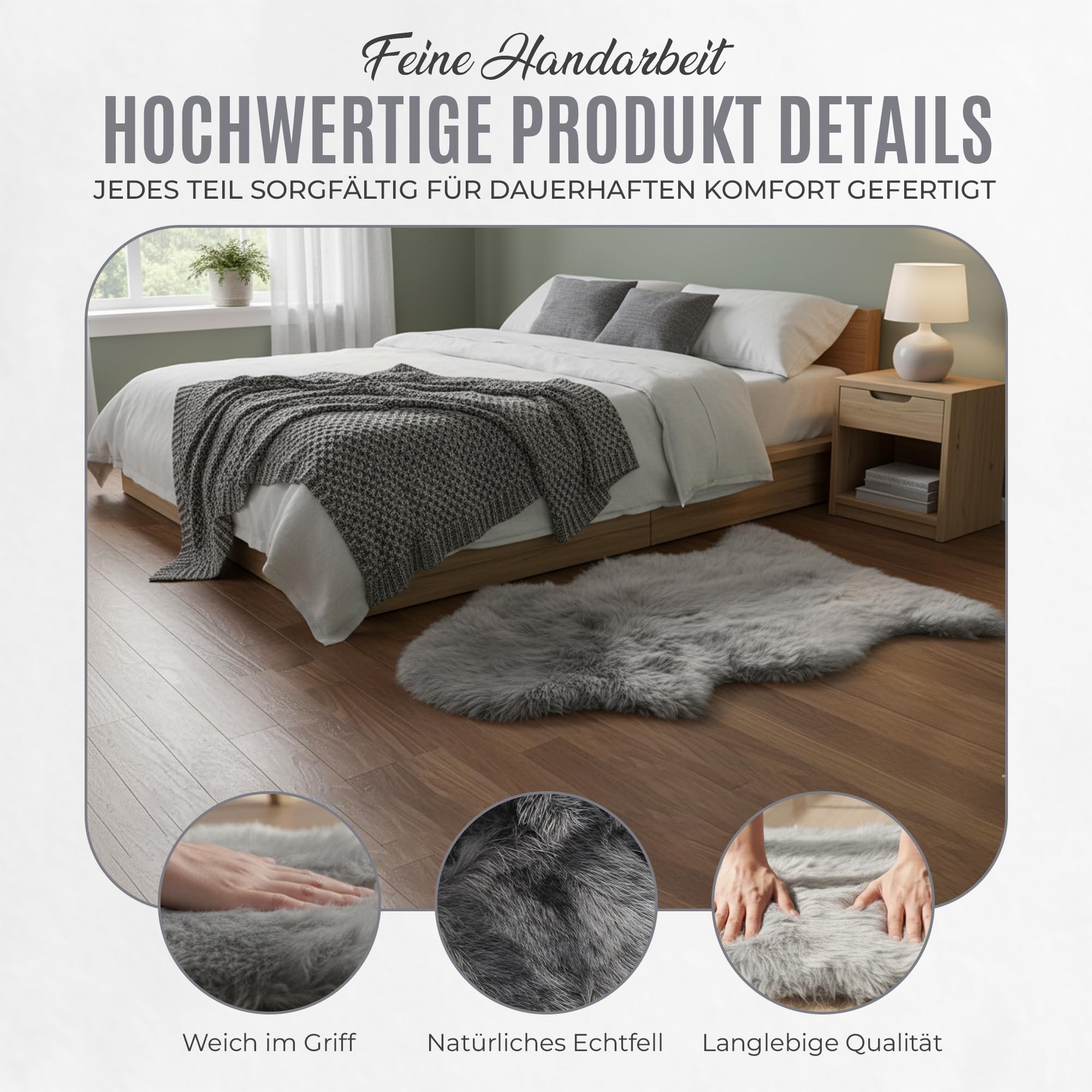 Echtes Schaffell Grau Natur – Premium Lammfell Teppich, Kuschelig Weiches Fell, Wärmeisolierend & Atmungsaktiv – Deko, Sitzauflage für Sofa, Bett & Stuhl (L:100-110cm)