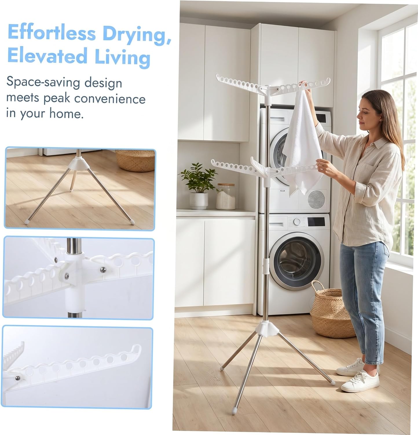 Foldable Clothes Drying Rack, 2 Tier Tripod Stand with Rotating Rail