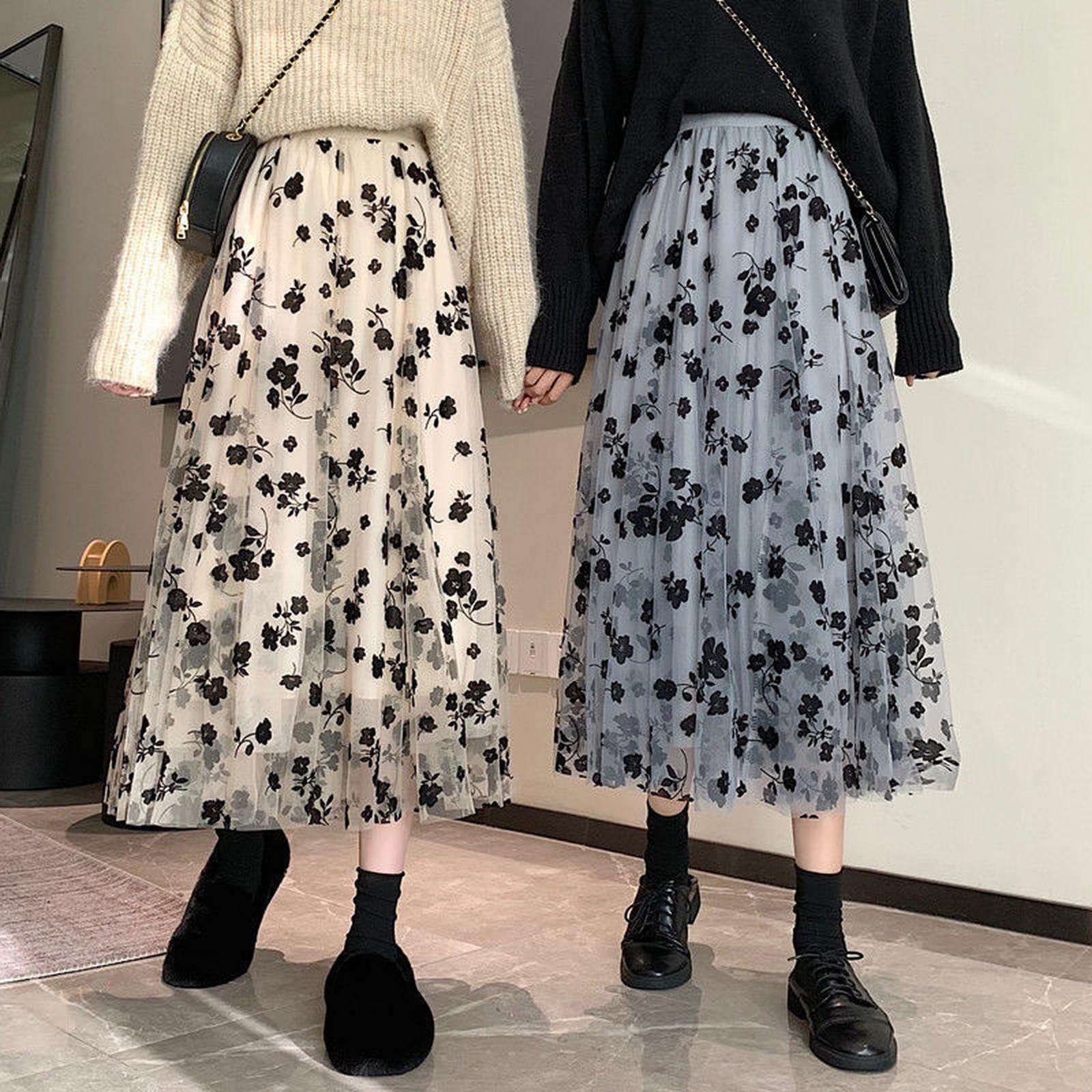 Jupe longue en tulle pour femme - Broderie vintage élastique - Taille haute - Ligne A - Jupe plissée en maille - Jupe midi pour femme