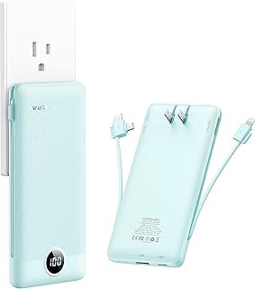 VRURC Portable Charger with AC Plug, 10000mAh Power Bank Built-in Cables, 5 Output Dual Input Smart LED Display, External Battery Compatible with iPhone, Android, Tablet etc-Green