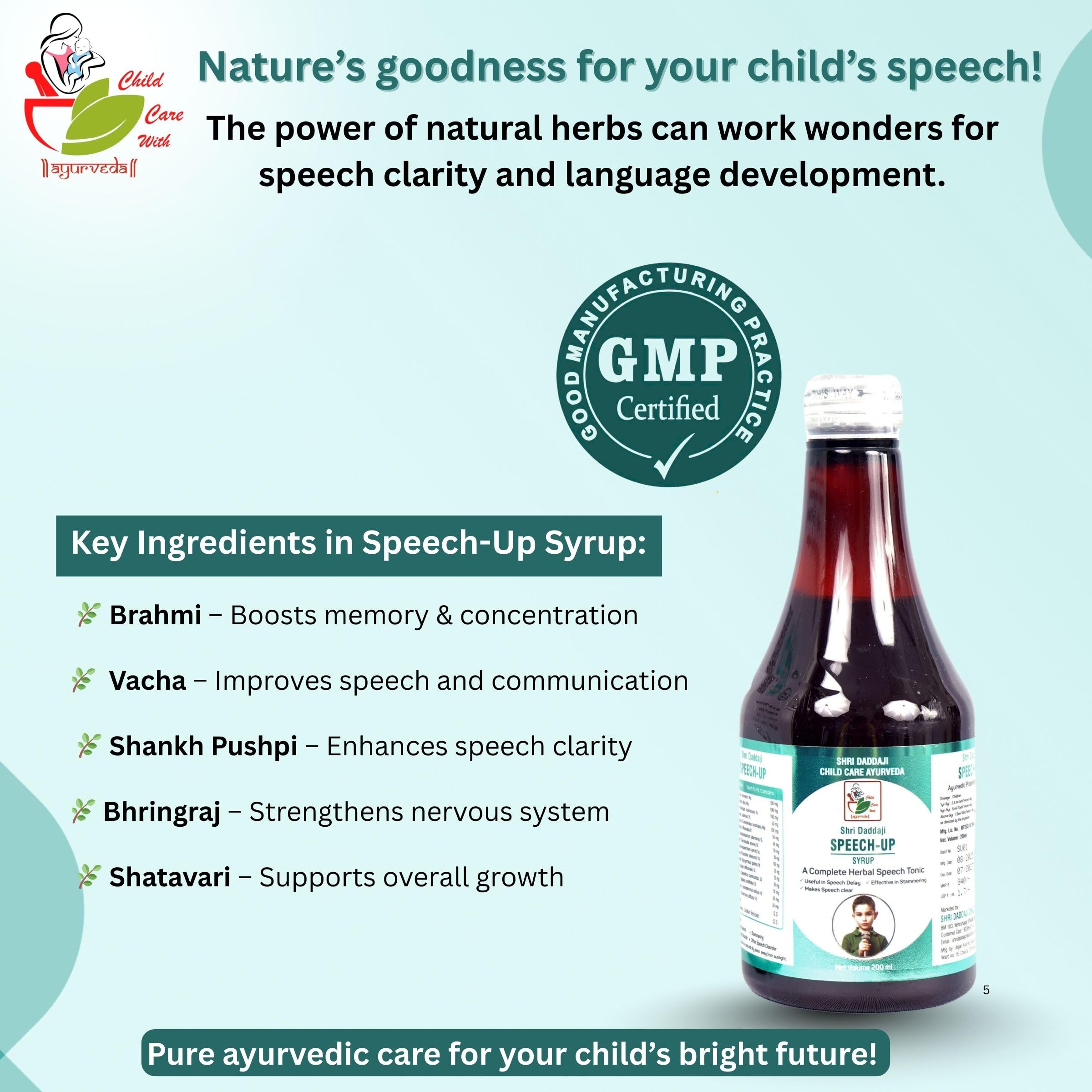Shri Daddaji Speech-Up Syrup, 200ml, Ayurvedic Herbal Speech Tonic with Vacha, Brahmi and Shankhpushpi, Useful in Speech Delay, Makes Speech Clear - Image 5 thumbnail