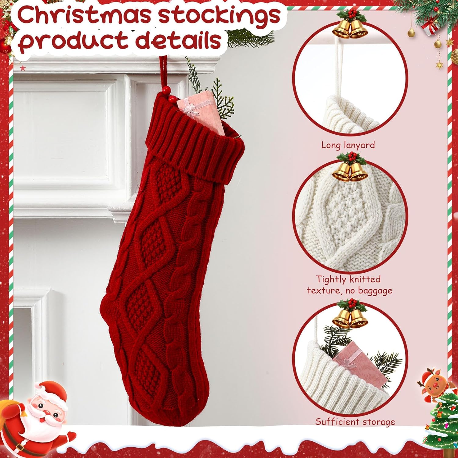 Soulchen 3 Pcs Dog Christmas Stockings Bulk 18 Inches Large Cable Knitted Hanging Christmas Stocking 15 Inch Bone Xmas Stocking for Family Xmas Tree, Fireplace for Dogs Pets (Red Green,White)