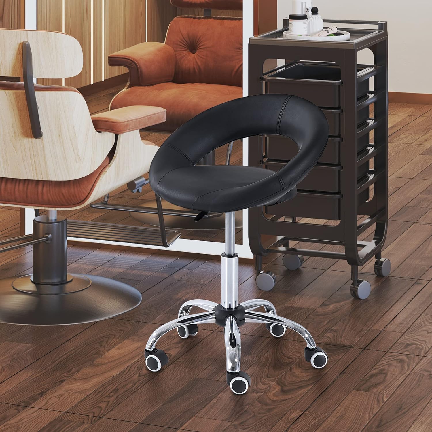 HOMCOM Crescent Rolling Salon Stool with Adjustable Height, Breathable Open Back, Foam Cushion Seat, and 5 Caster Wheels, Black