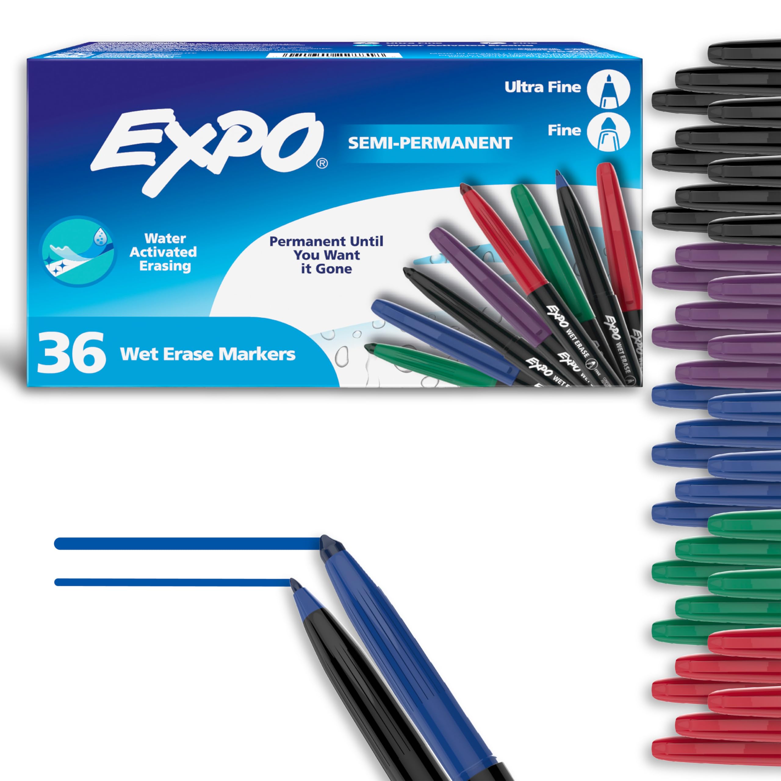 EXPO Wet Erase Markers Semi-Permanent Fine and Ultra-Fine Tips 36 Count - For Writing on Glass Whiteboards Mirrors