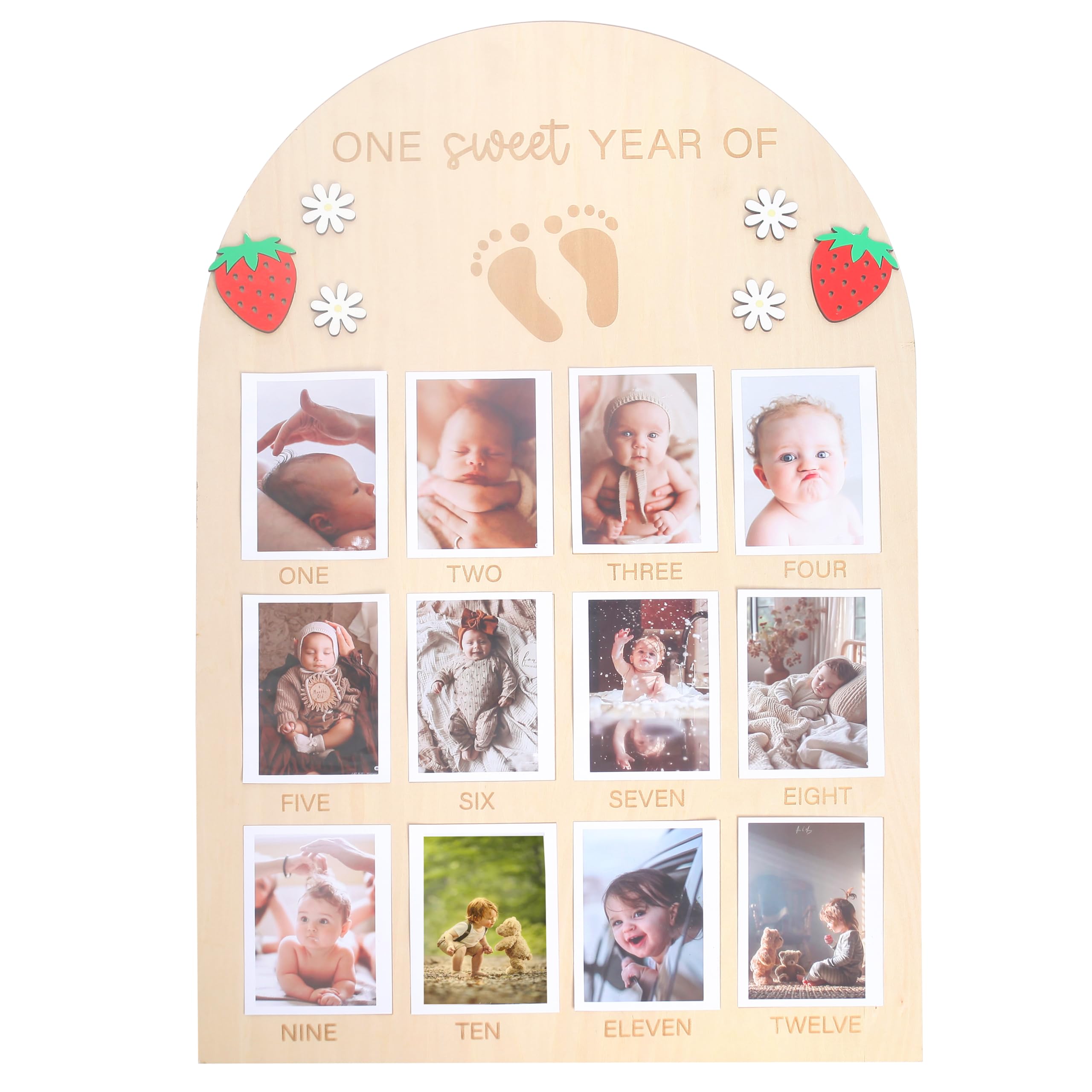 Panneau mensuel en bois bébé fille et bannière photo 12 mois fraise