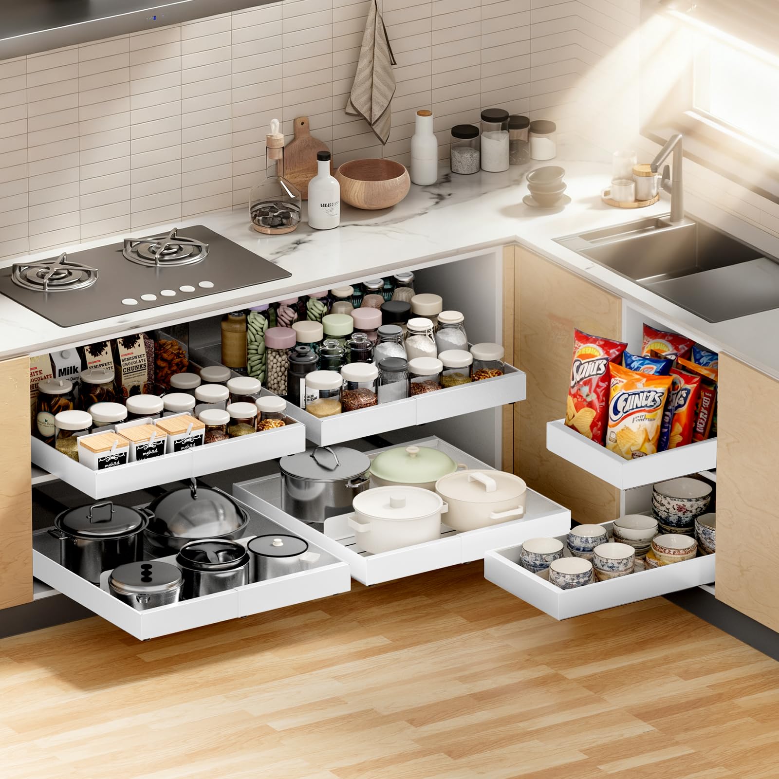 YJHome Cassetto da cucina espandibile con divisorio, profondità 42 cm e 32 – 52 cm di larghezza, organizer da cucina, organizzatore pantry, bianco, 2 pezzi