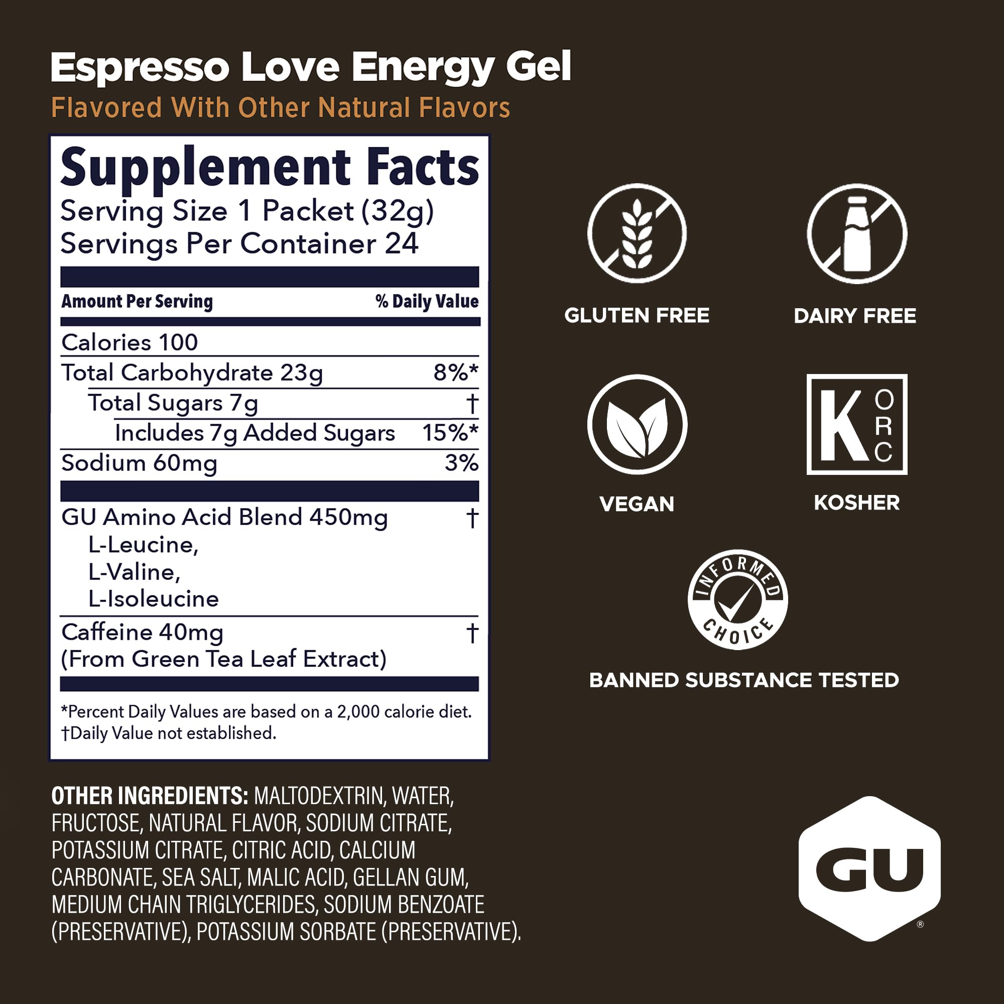 GU ENERGY GEL - Café - Boîte de 24 gels - Gel énergétique - Sodium - BCAA - Idéal pendant l'effort 100Kcal