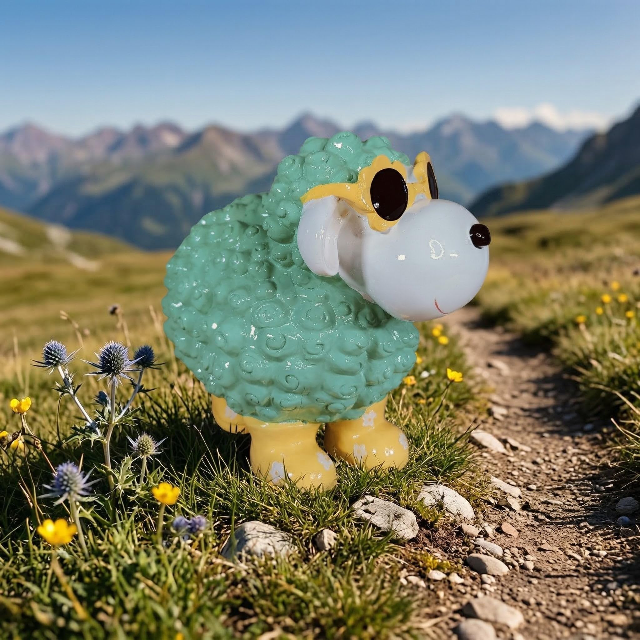 colourliving Schaf Figur mit Blumenbrille aus Polyresin lustige Gartenfigur