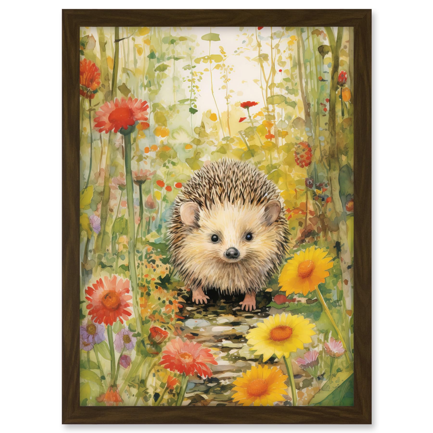 Artery8 Adorable Hedgehog in a Wildflower Meadow Watercolour Painting Kids Bedroom Cute Woodland Creature Artwork Framed A3 Wall Art Print