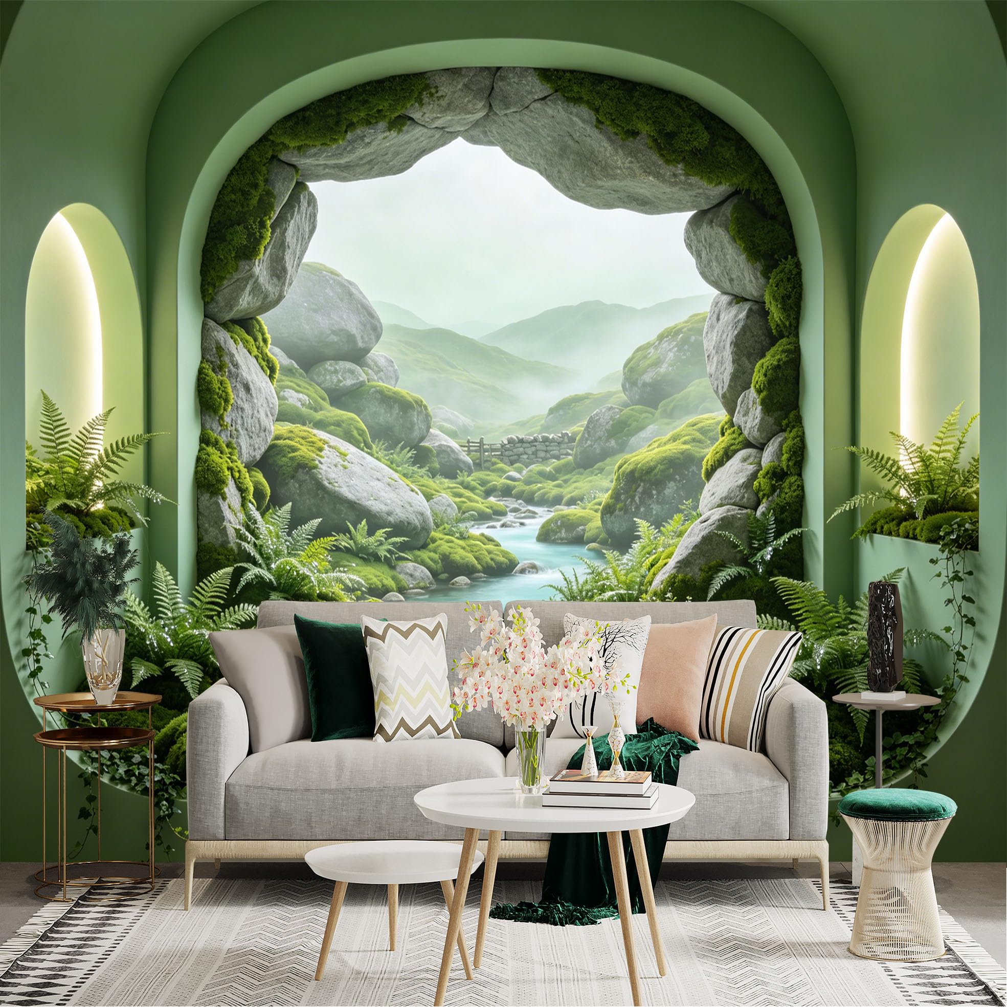 Custom Size Wall Sticker Mural， Natural Green Valley with Stream， Moss Rocks and Ferns， for wall Decoration， peelandstick wall Decals.