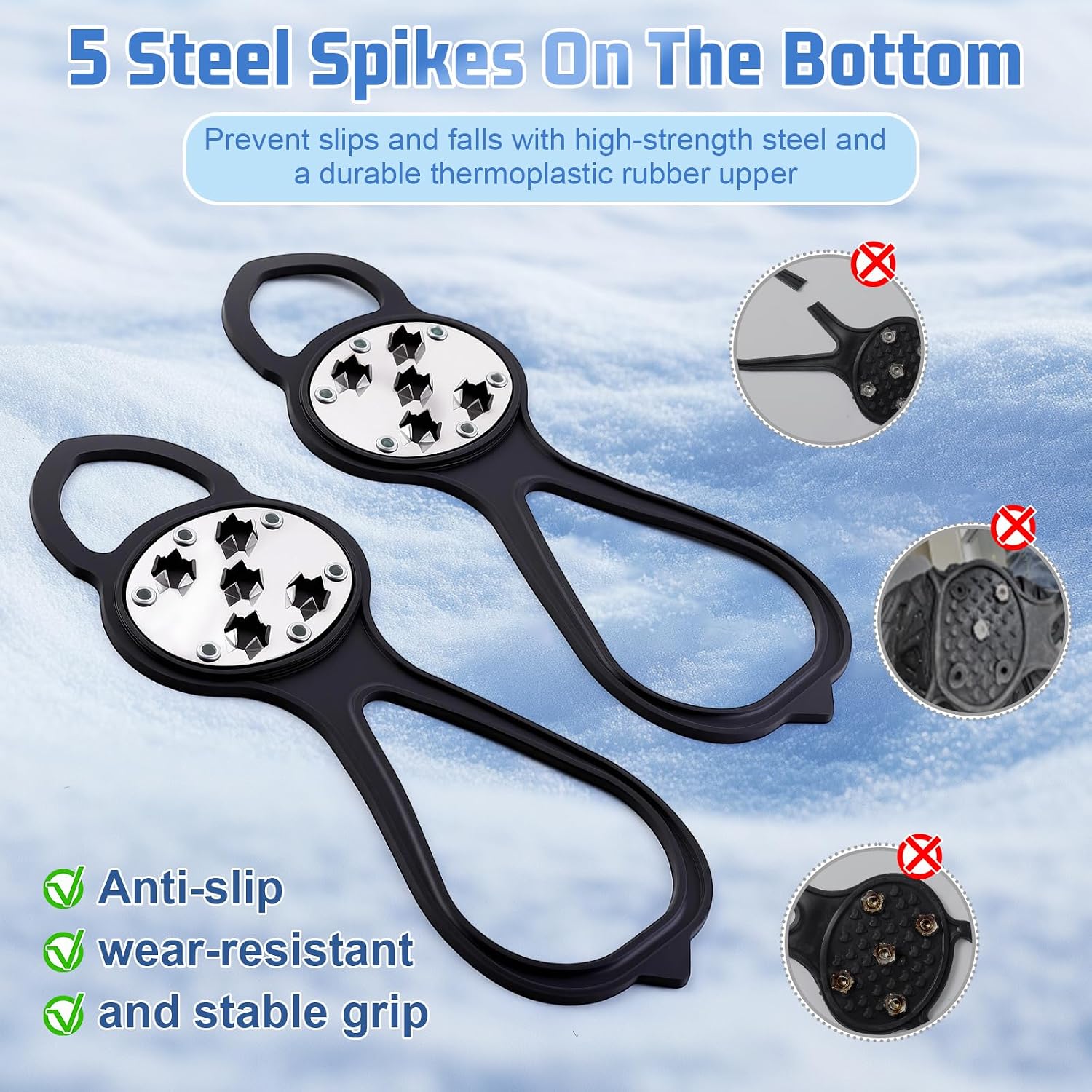 Non Slip Gripper Spike, Ice Grippers Traction Cleats Snow Shoe Spikes Grips Crampons with 10 Steel Studs Cleats 1/2/3 Pairs