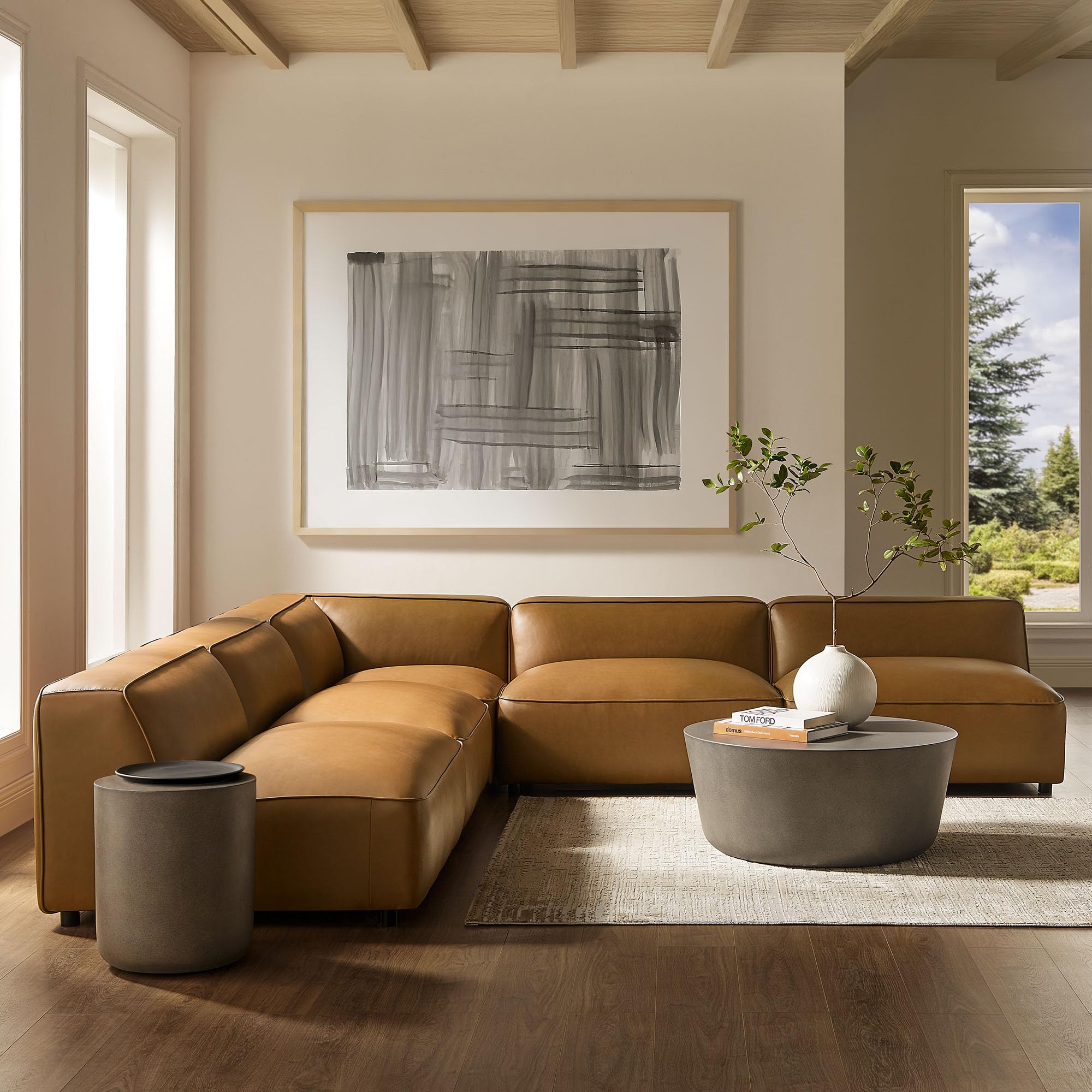 Photo 1 of Modway Auren Vegan Leather 5 Piece Armless Modular Sofa in Camel - Faux Leather L Shaped Sectional - Comfy Modern PU Leather Sofa - Oversized Mid Century Modern Couch for Living Room