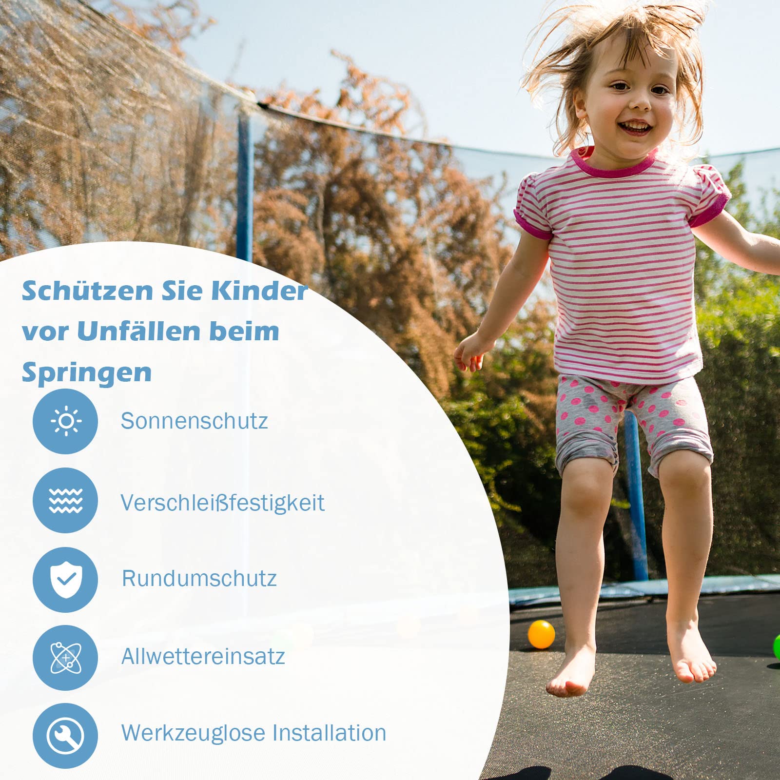 COSTWAY Ø244 /305/366 /427/457 /487cm Trampolin Sicherheitsnetz für Gartentrampoline, Ersatznetz innenliegend mit Reißverschluss und Schnallen, für 6/8 Stangen, Netzhöhe 180 cm