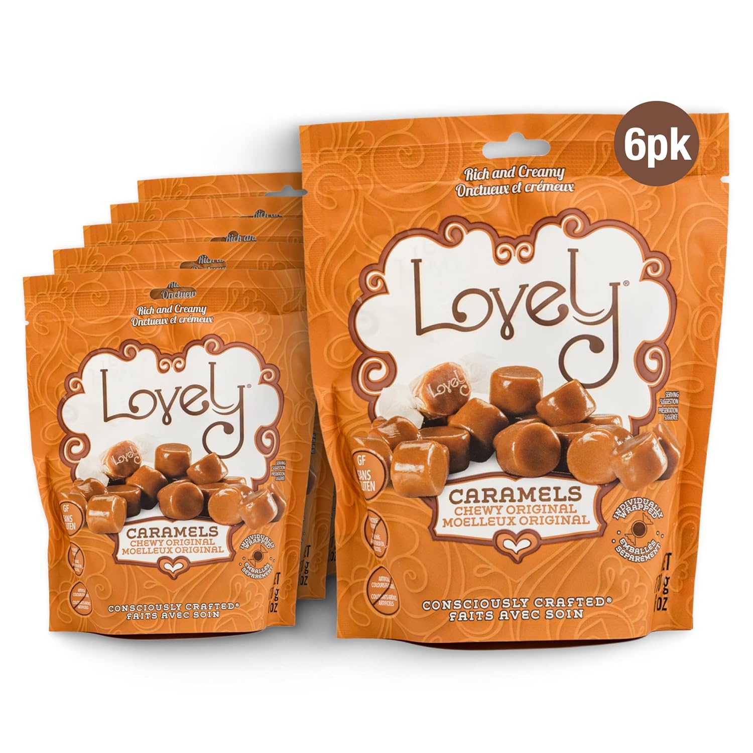 Lovely Candy Co. Soft and Chewy Caramels, Individually Wrapped, 6oz (6-Pack) | Gluten-Free, Non-GMO, No High Fructose Corn Syrup