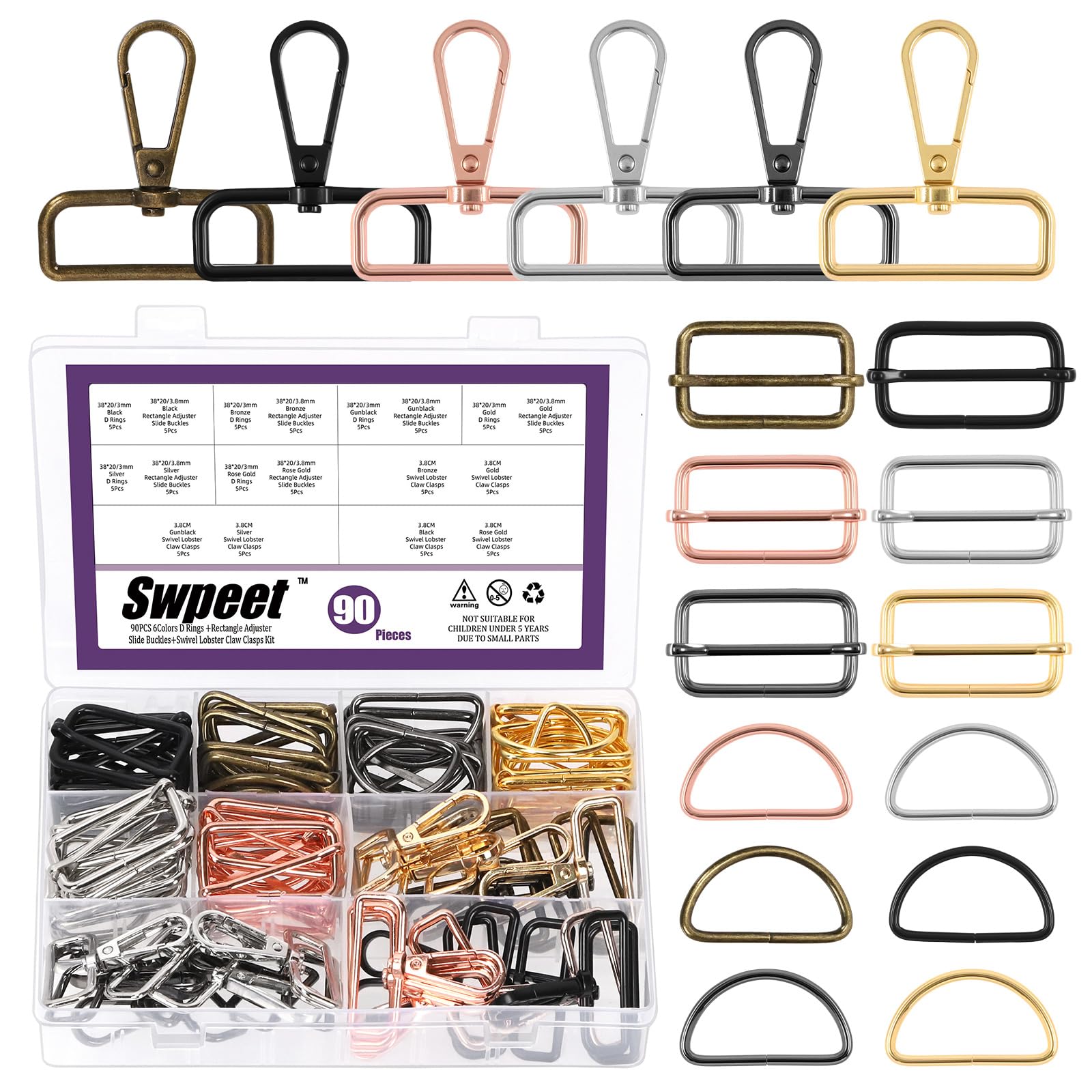 Swpeet 90Pcs 6 Colors 38MM Metal D Ring & Rectangle Adjuster Triglides Slides Buckle & D Ring Swivel Lobster Clasp Kit, Semi-Circular D Rings Roller Pin Buckles Swivel Snap Hook for Belt DIY Crafts