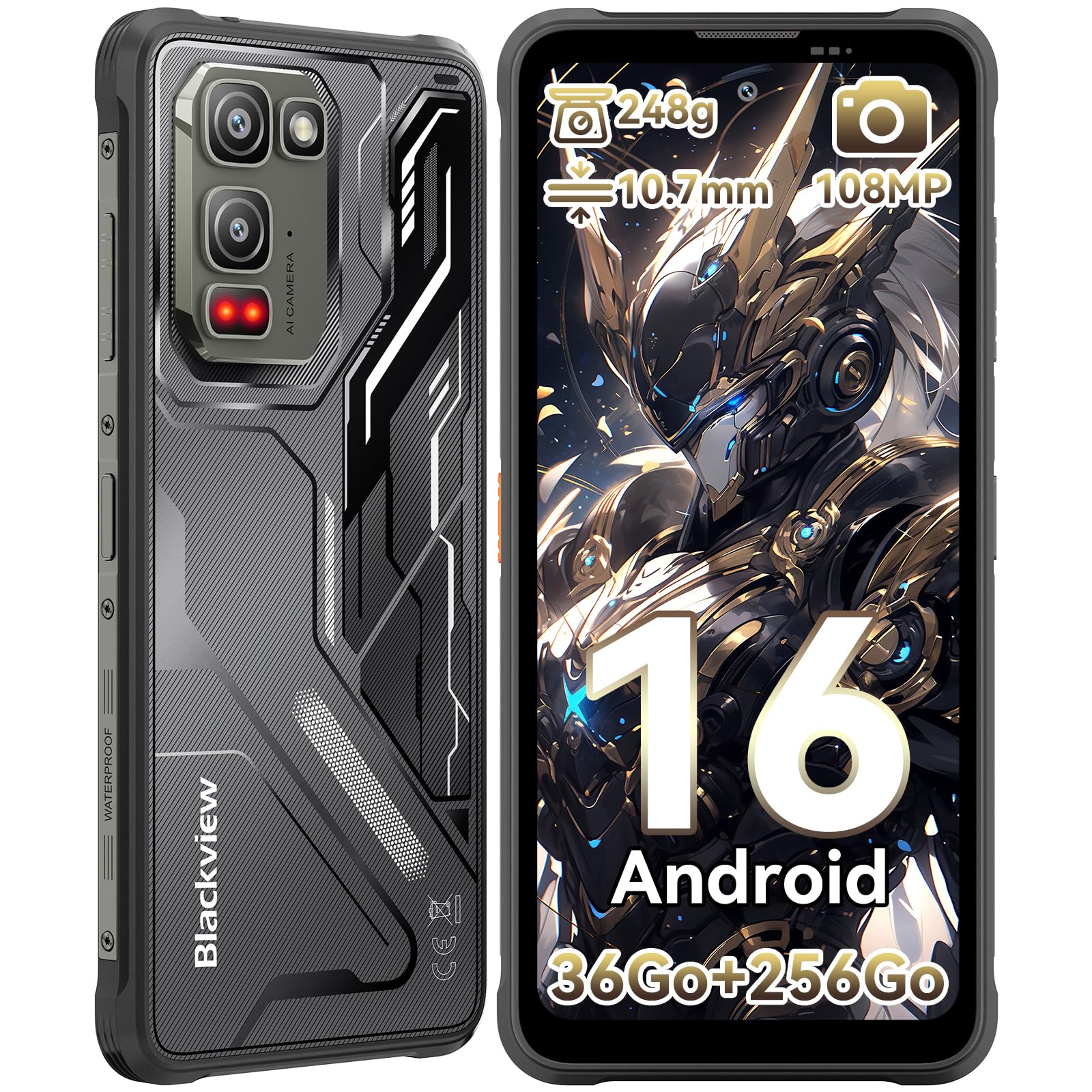 Blackview Fort 5 Android 16 Téléphone Portable Incassable 248g/10.7mm Ultra-Fin, 108MP+50MP+13MP Vision Nocturne, 36Go+256Go/2To, 6.78'' 120Hz Smartphone Incassable 4G, Mode Gants/IP69K/NFC/700 Nits