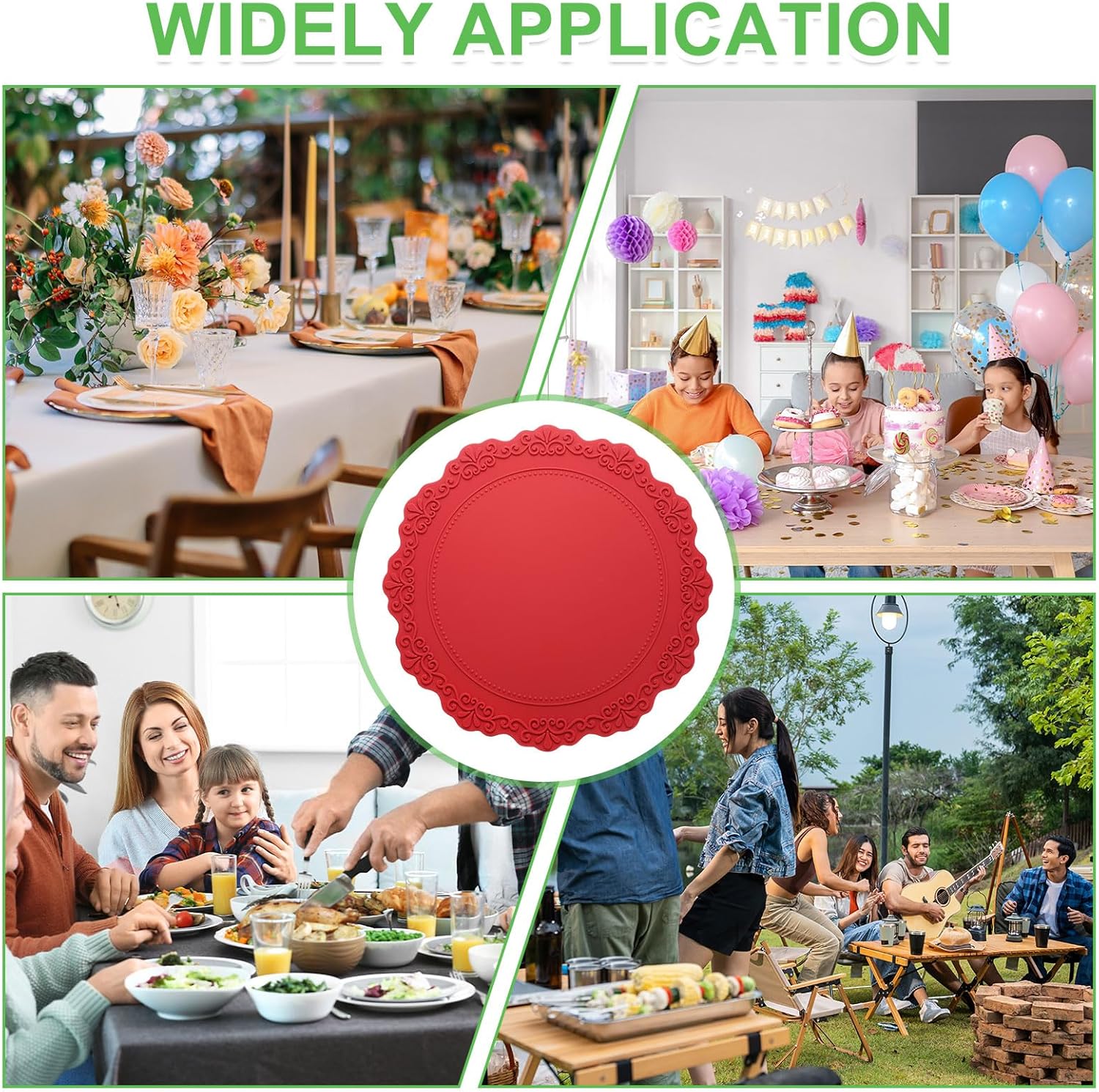 uxcell Round Silicone Placemats Set of 2, 14" Place Mats for Dining Table Heat Resistant Waterproof Oil Proof Kitchen Placemats, Red