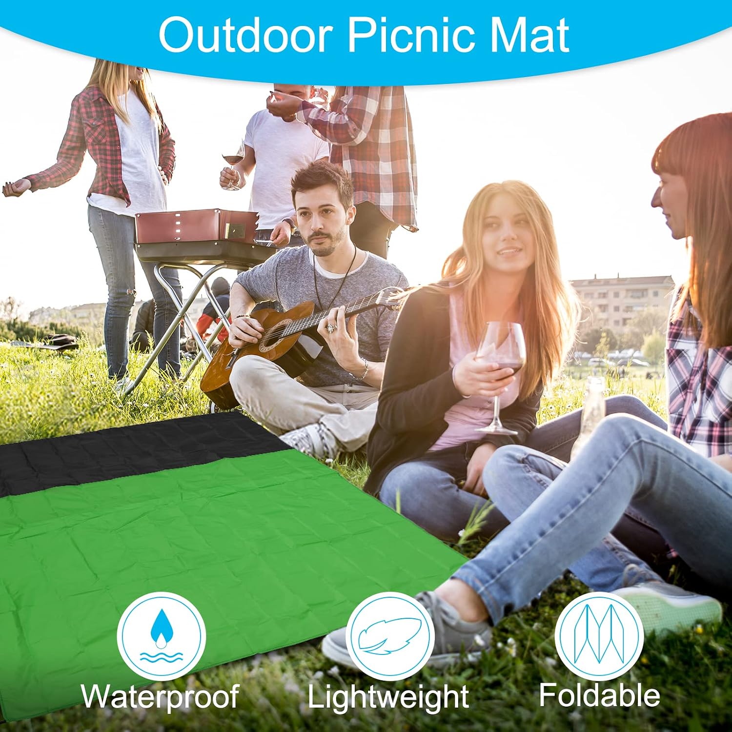 PATIKIL 83" x 79" Beach Blanket, Waterproof Picnic Mat with Carry Bag for Travel Hiking, Camping, Outdoor Activities, Green + Gray - Image 5