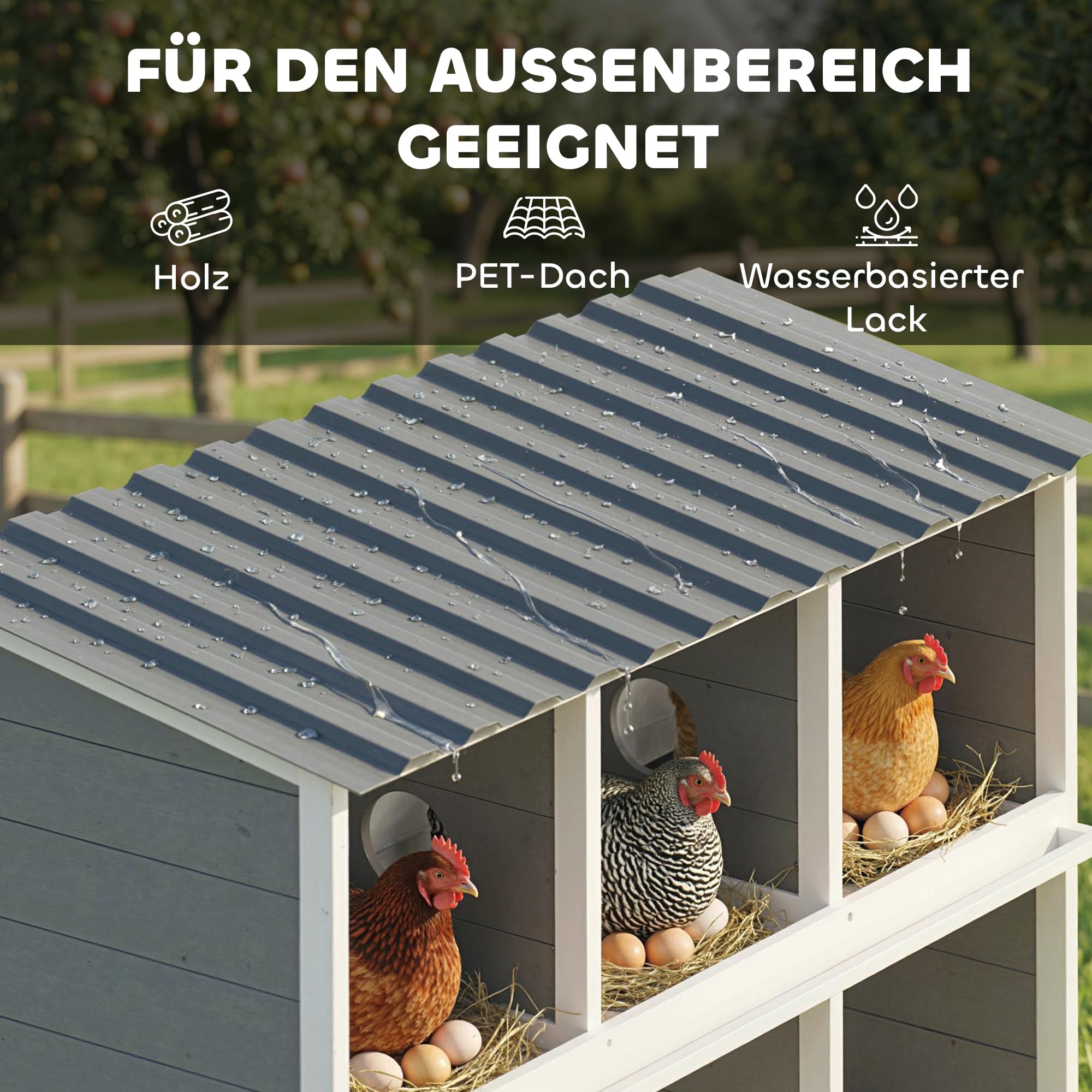 PawHut Nido para pollos, 6 compartimentos, 2 perchas 102 x 50 x 91 cm, color gris | Nido de pollo de madera resistente a la intemperie, techo de PET elevado para animales pequeños