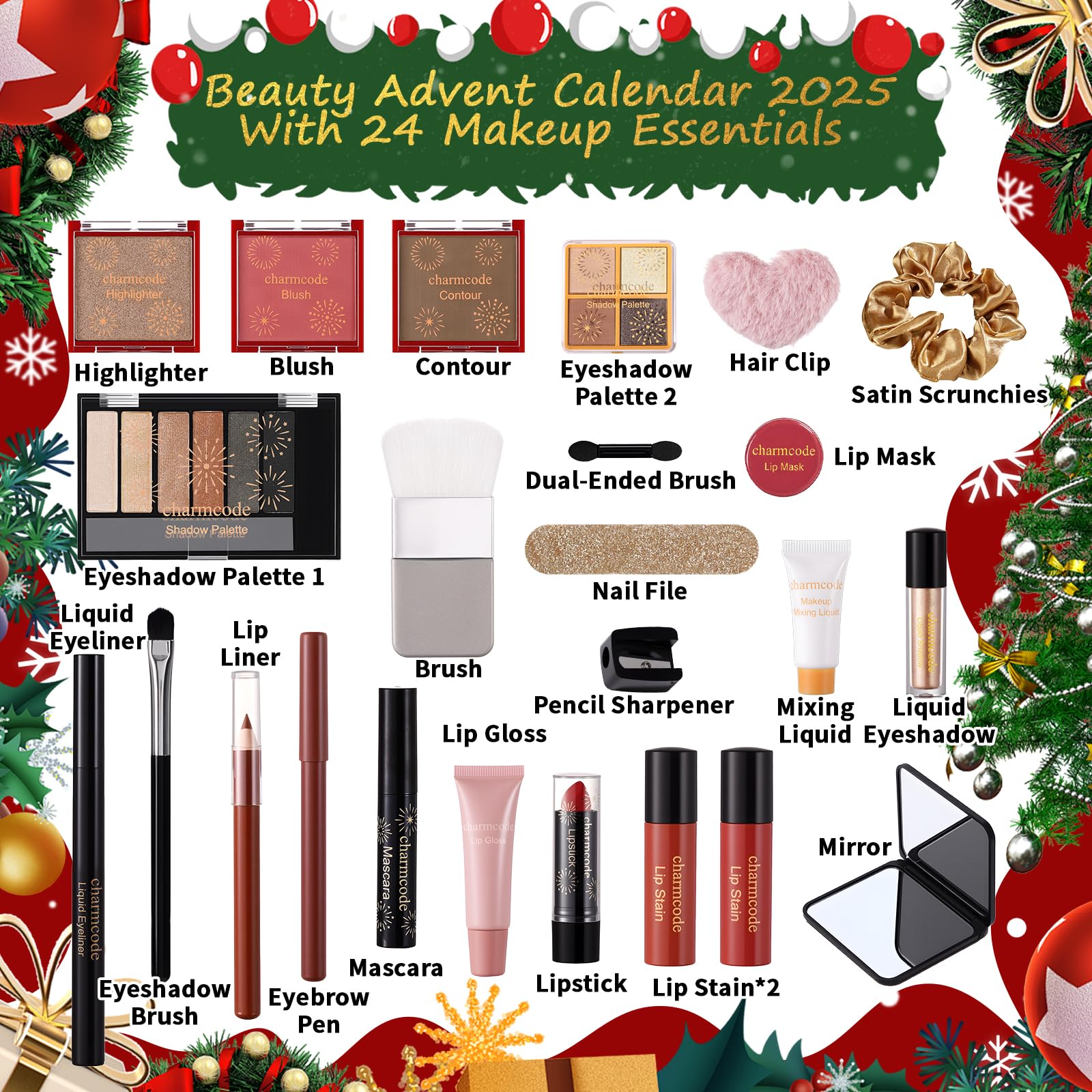 CHARMCODE Calendario de Adviento de maquillaje de 24 días-2025, juegos de maquillaje de Navidad para mujer