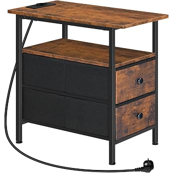 Hoobro Side Table Narrow Bedside Table with Charging Station 2 Fabric