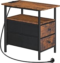 HOOBRO Side Table with Charging Station, Slim Side Table, Bedside Table with 2 Non-Woven Drawers, Compact Side Table for Small Space, Bedroom, Rustic Brown and Black EBF486CBZ01