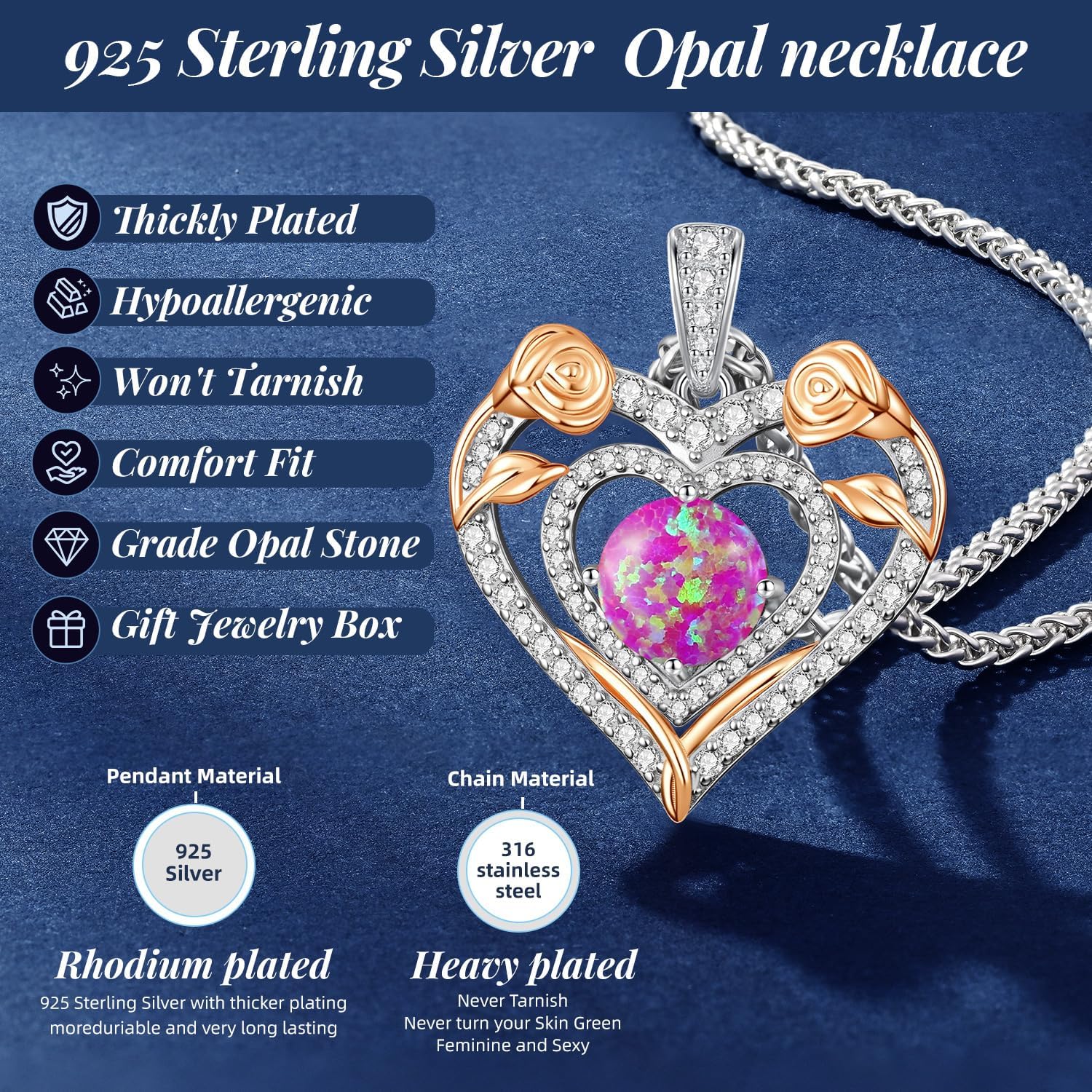 ANDSO Valentine's Day Gift Heart Birthstone Necklaces for Women, 925 Sterling Silver Gold Plating Rose Flower Opal Necklace, Ideal Anniversary Birthday Jewelry Gifts for Mom Wife Girlfriend Her - Image 4