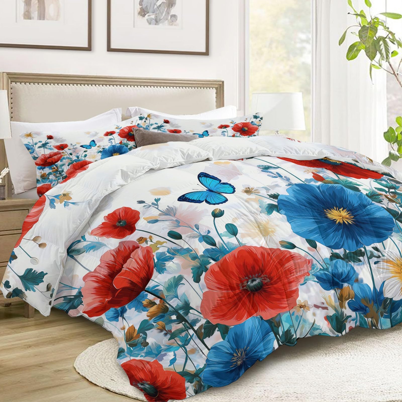 Trapunta Copriletto 150x200 cm Campagna fiori farfalle Trapuntino 4 Stagioni Stampa 3D, Trapunta Inverno Estivo, Trapuntato Coperta Letto per Adulti Bambini