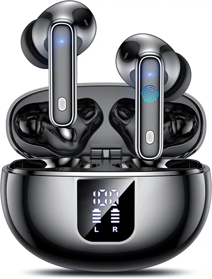 Wireless Earbuds, Bluetooth 5.4 Headphones HiFi Stereo with 6 HD Mics, 2025 Active Noise Cancelling Earbuds, 36H Playtime and LED Display in Ear Earphones, IP7 Waterproof Wireless Headphones, Black