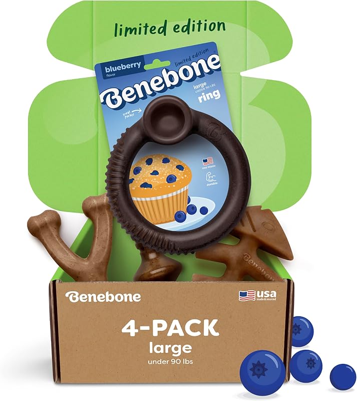 Benebone Edición Limitada Blueberry Paquete de 4 juguetes para perros grandes para masticadores agresivos, huesos de perro duraderos, fabricados en Estados Unidos, juguetes para perros grandes de menos de 90 libras
