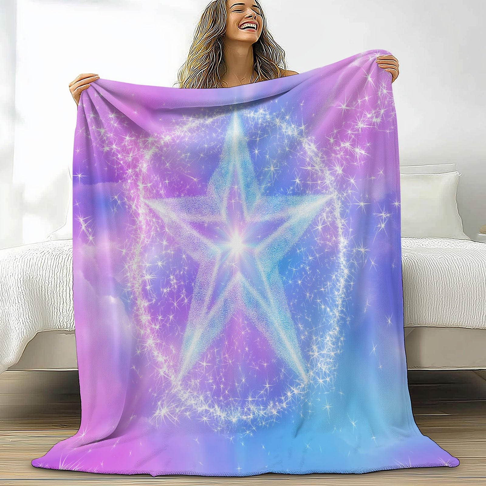 Genérico Akwarelowa Pięcioramienna Gwiazda Koc Flanelowy 220 x 240 cm Koce Sherpa, Wielokolorowe Super Puszyste Wełniane Koce Dorosłych I Dzieci Miękki Ciepły Koc Łóżko