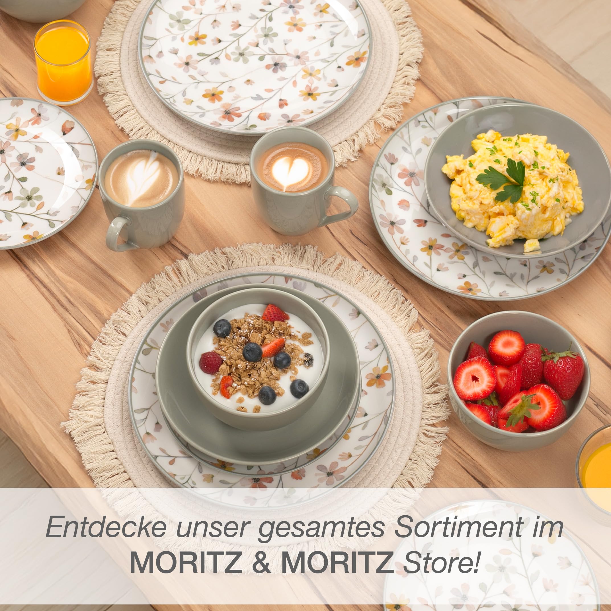 Moritz & Moritz PRIMAVERA Steingut Geschirrset 12 Personen 48-tlg. - Modernes Tafelservice mit verspieltem Design, Pflegeleichtes Kaffeeservice mit Teller Set, Schüsseln & Tassen - Kombiservice