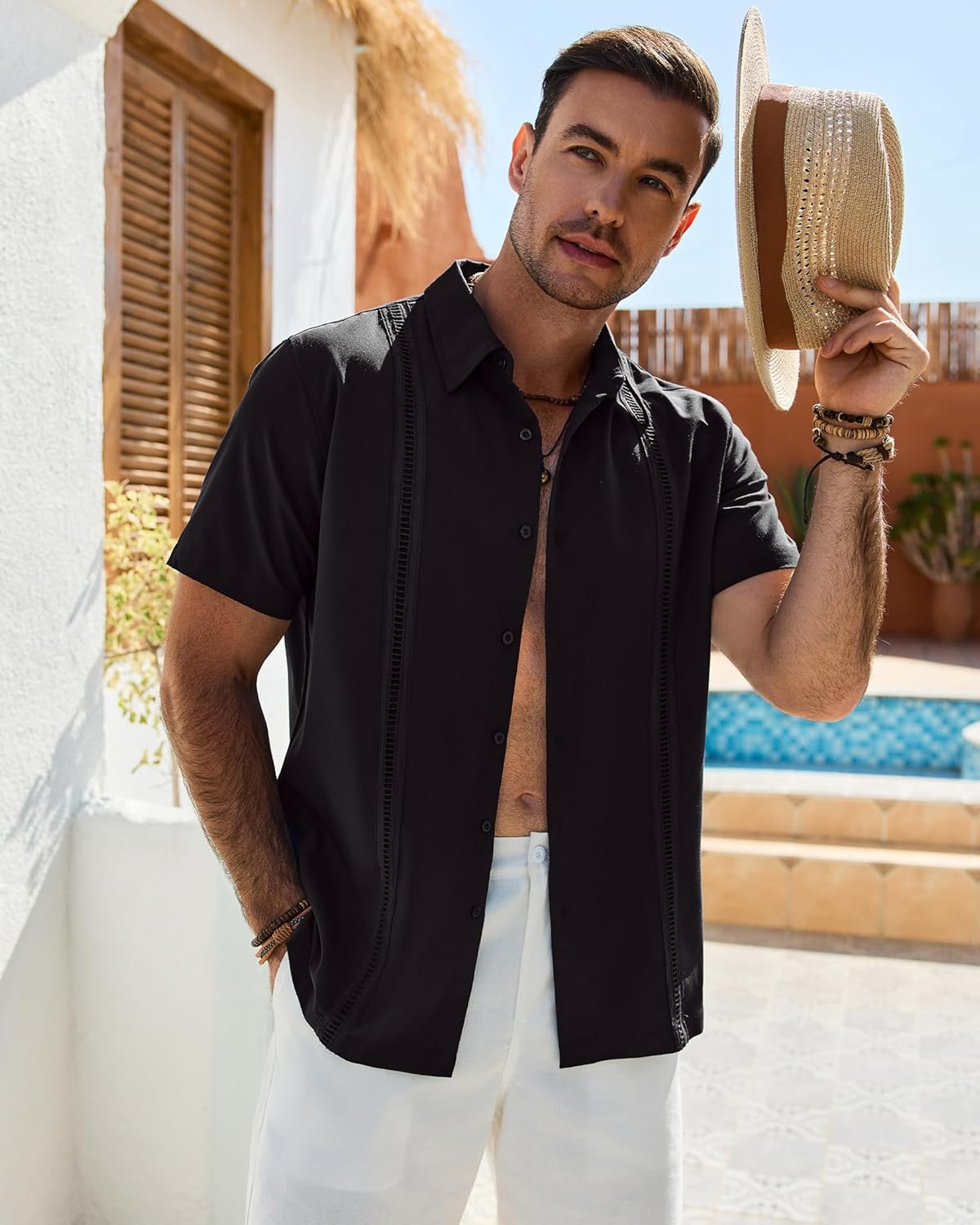 Alimens & Gentle Mens Cuban Guayabera Shirt Short Sleeve Untucked Soild Button Down Shirts Beach Wedding Causal Vacation Tops