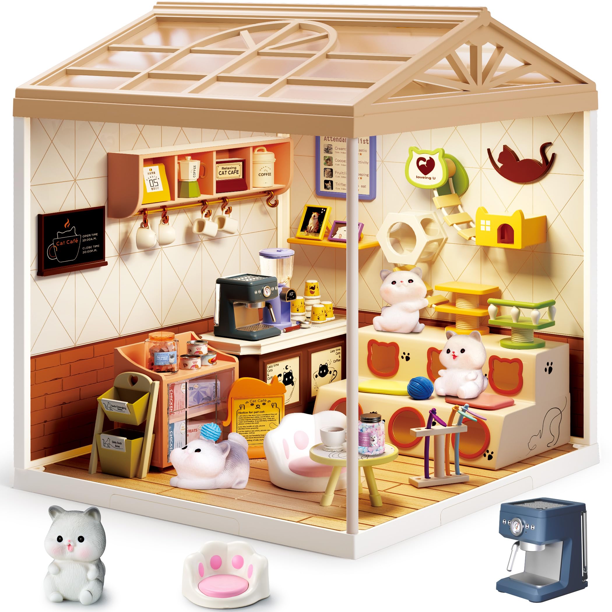 Lindo kit de casa en miniatura para gatos con techo y luz LED, kit de casa de muñecas apilable y conectable con puerta a prueba de polvo, regalo creativo para adultos y adolescentes