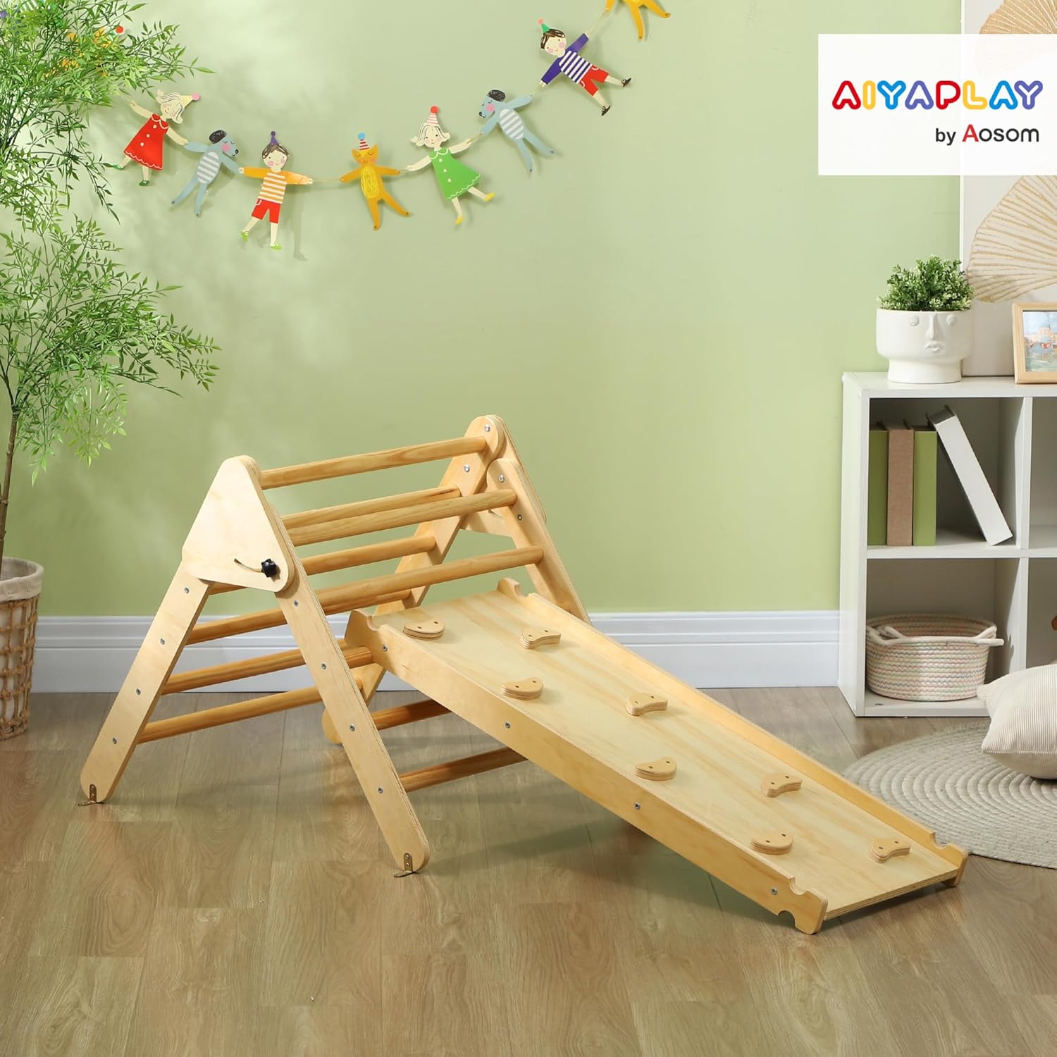 2-in-1 Montessori Natural Wood Climbing Frame, Indoor Climbing Triangle with Slide, Indoor Playground for Toddlers and Children, 1.5-4 Years, Natural Wood