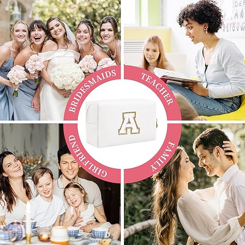 Miniatura 6 de Bolsa de maquillaje personalizada con parche de letra inicial, bolsa de cosméticos con cremallera, color1-blanco-A